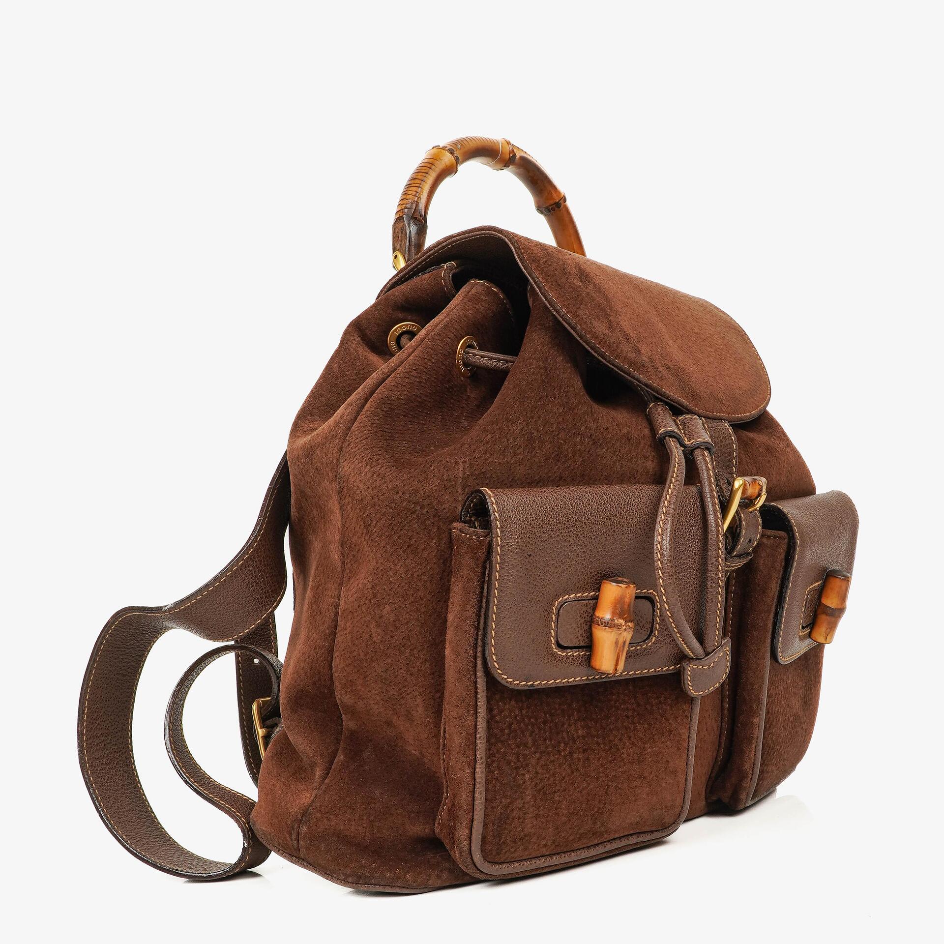 Gucci Vintage Brown Suede Leather Bamboo Backpack