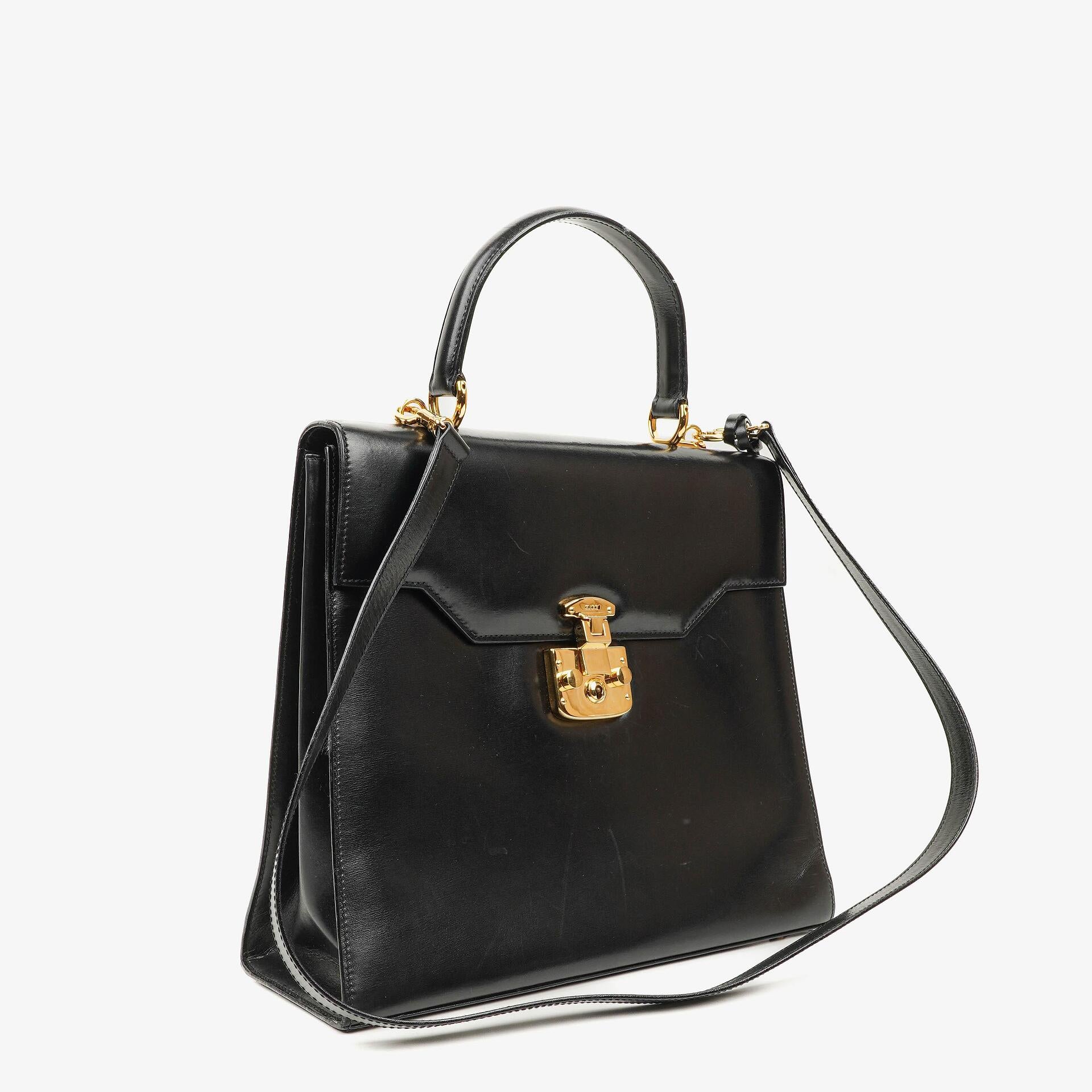 Gucci Vintage Kelly Lady Lock Convertible Top Handle Black Leather Shoulder Bag