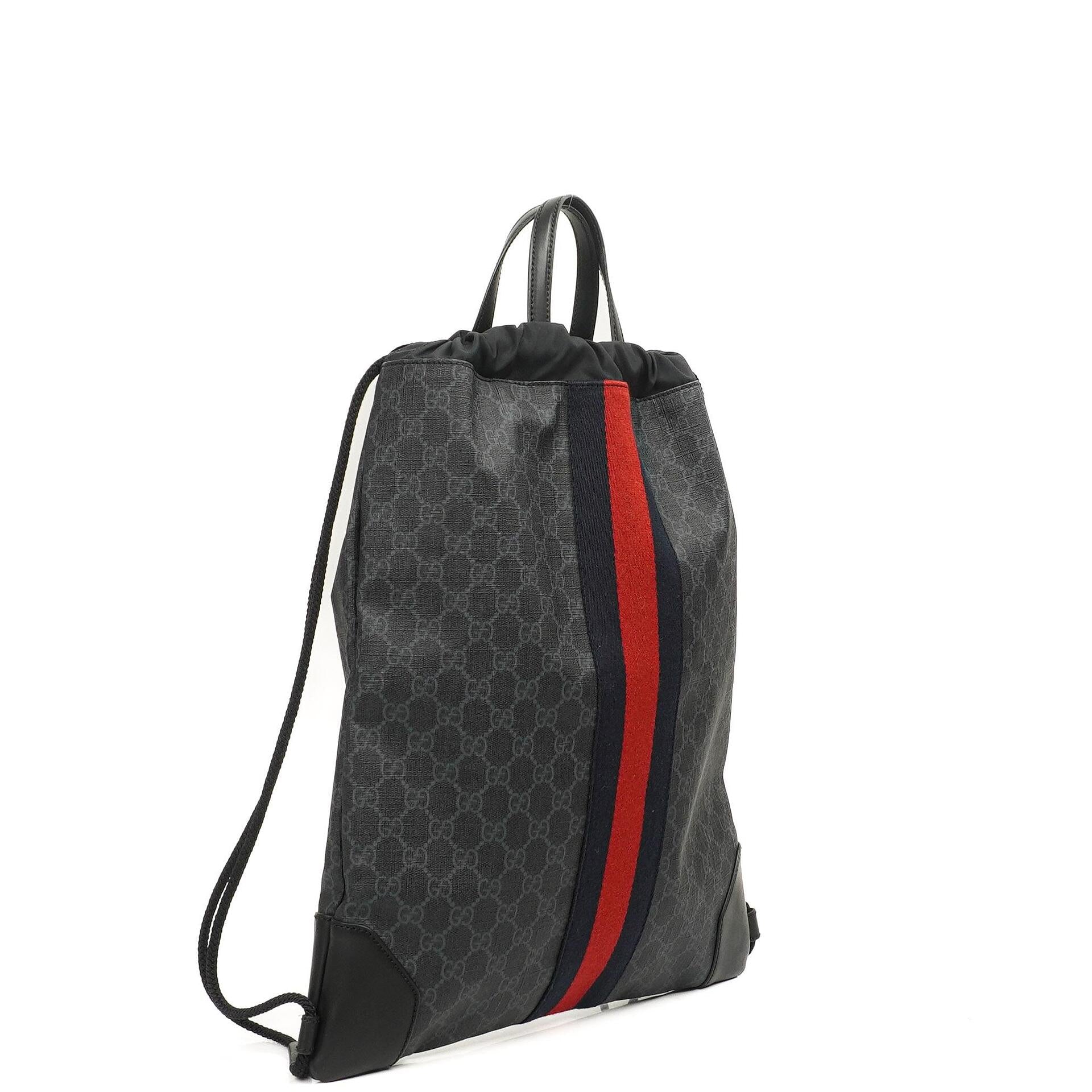 Gucci Web GG Supreme Monogram And Leather Drawstring Black Backpack