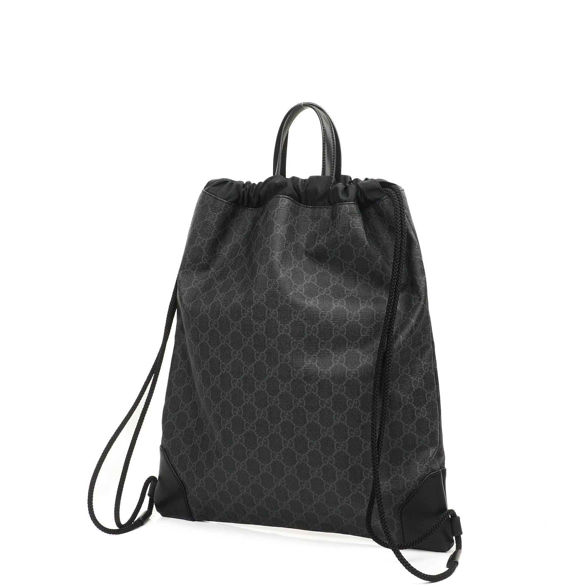 Gucci Web GG Supreme Monogram And Leather Drawstring Black Backpack