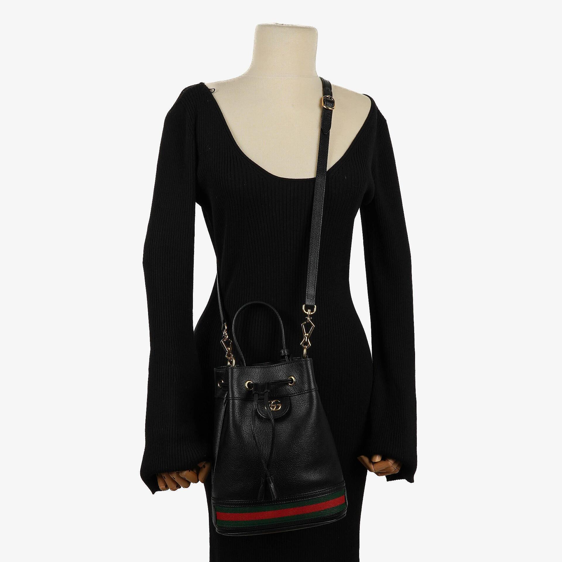 Gucci Web Ophidia Bucket Bag Small In Black Glazed Textured Calfskin