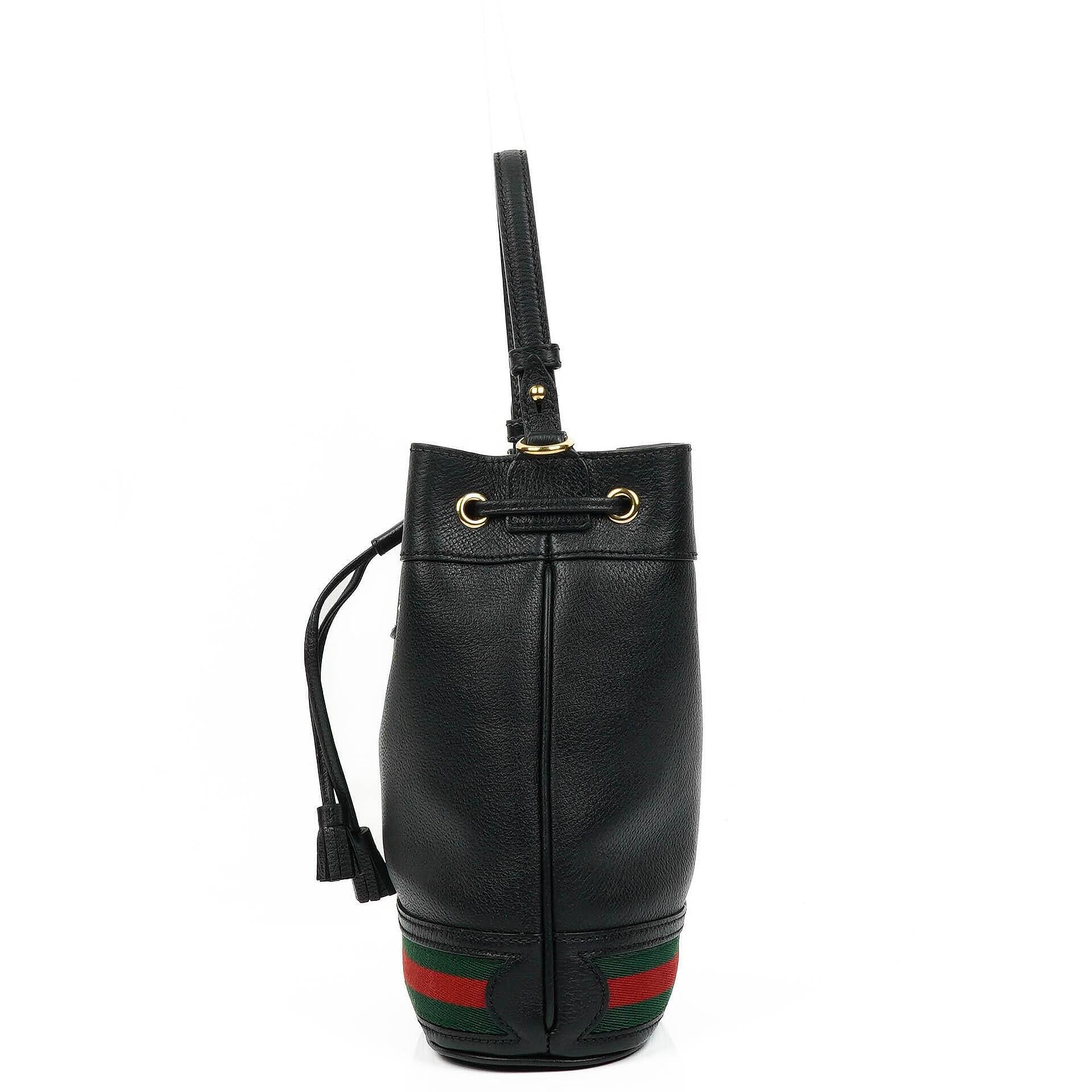 Gucci Web Ophidia Bucket Bag Small In Black Glazed Textured Calfskin