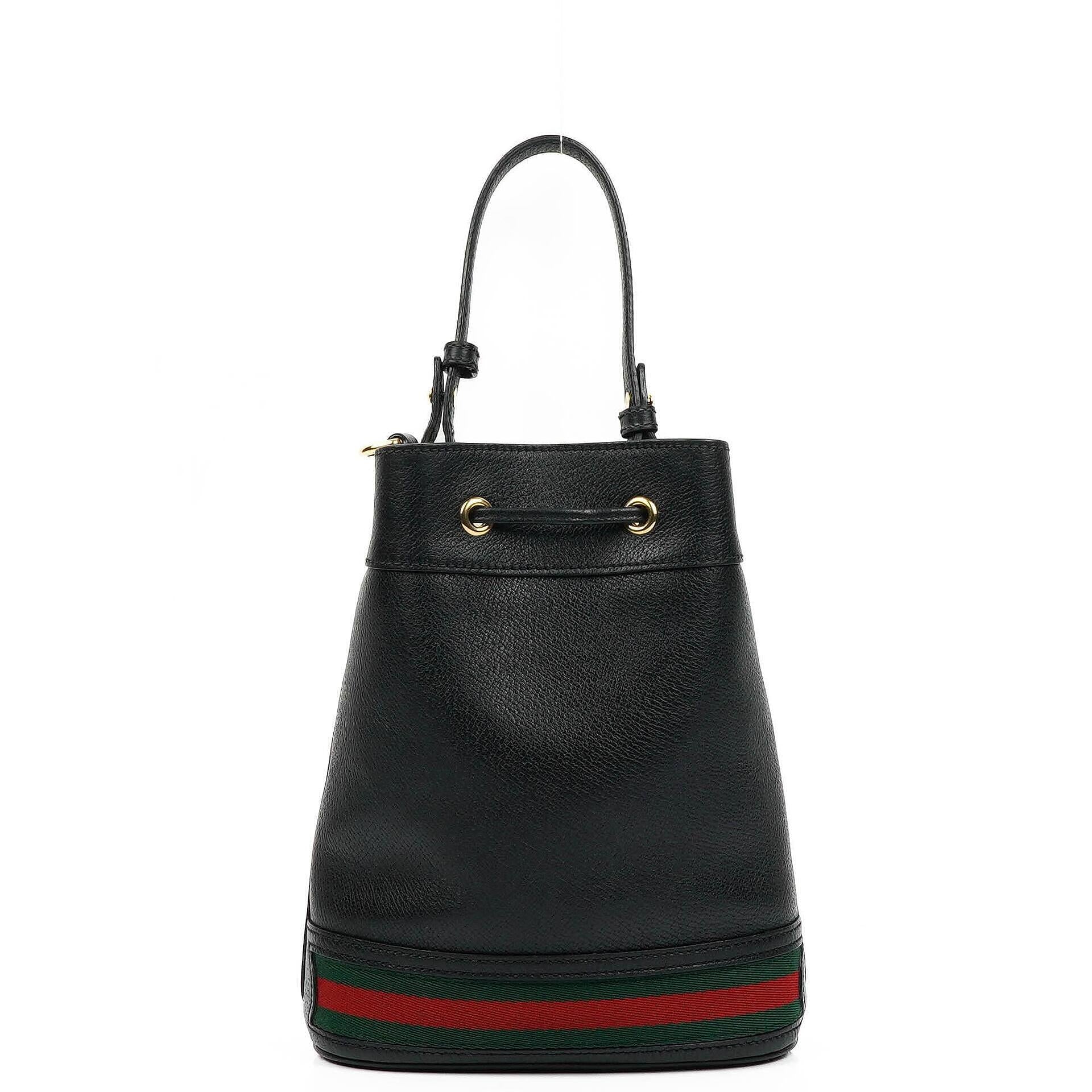 Gucci Web Ophidia Bucket Bag Small In Black Glazed Textured Calfskin
