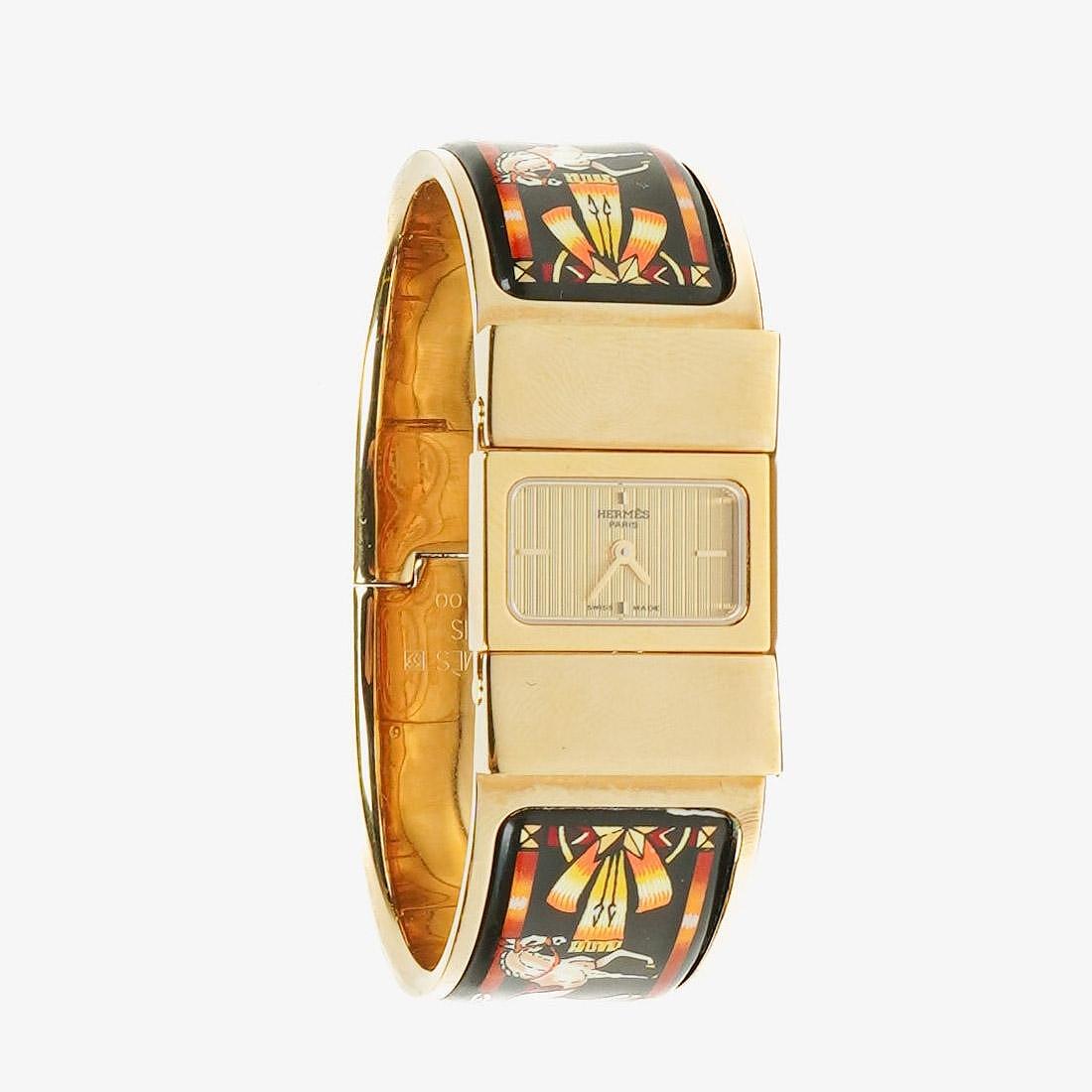Hermes Black Equestrian Enamel and Gold Plated Loquet Bangle Quartz Watch L01.201