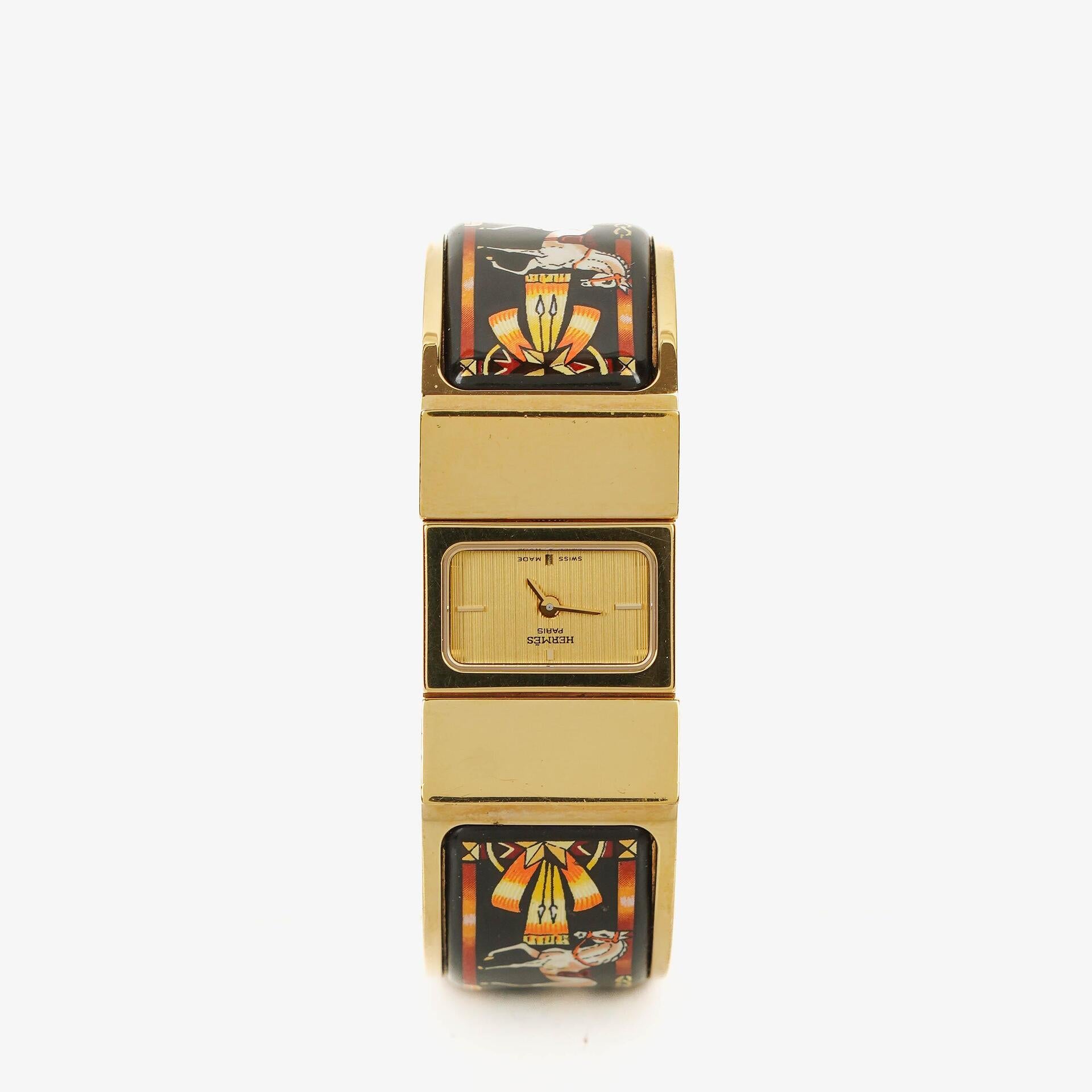Hermes Black Equestrian Enamel and Gold Plated Loquet Bangle Quartz Watch L01.201