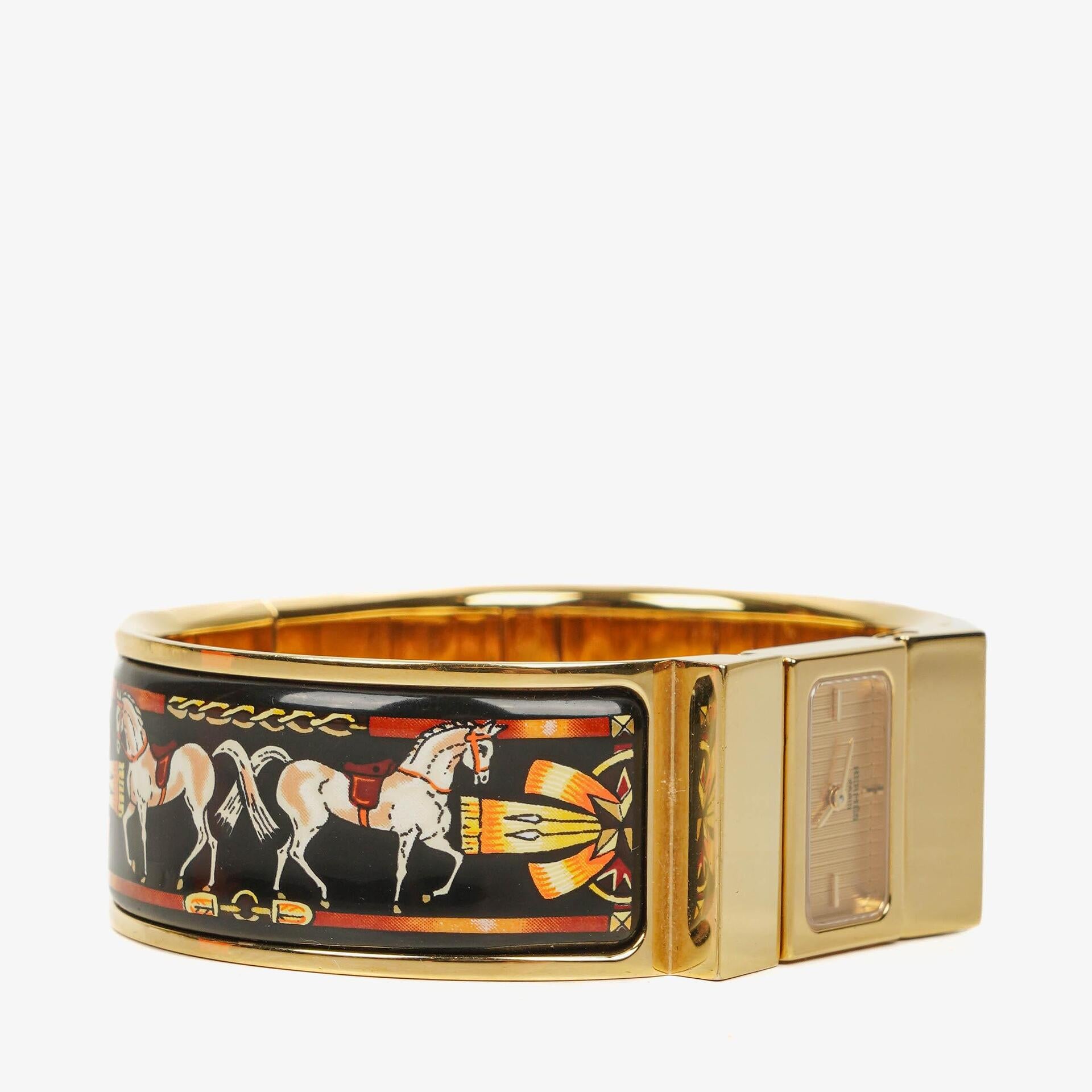 Hermes Black Equestrian Enamel and Gold Plated Loquet Bangle Quartz Watch L01.201