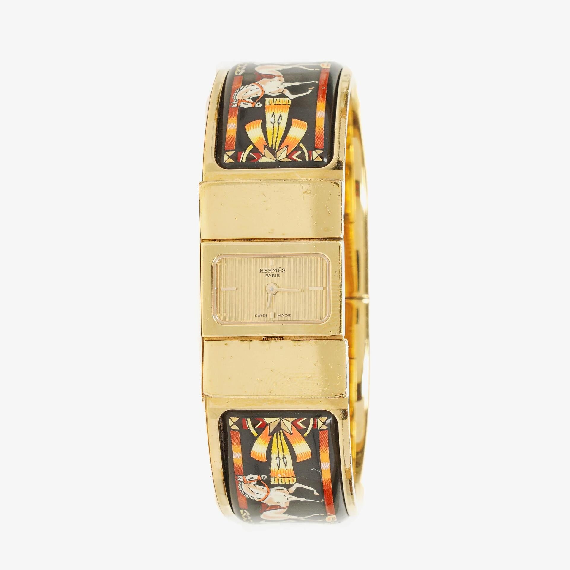 Hermes Black Equestrian Enamel and Gold Plated Loquet Bangle Quartz Watch L01.201
