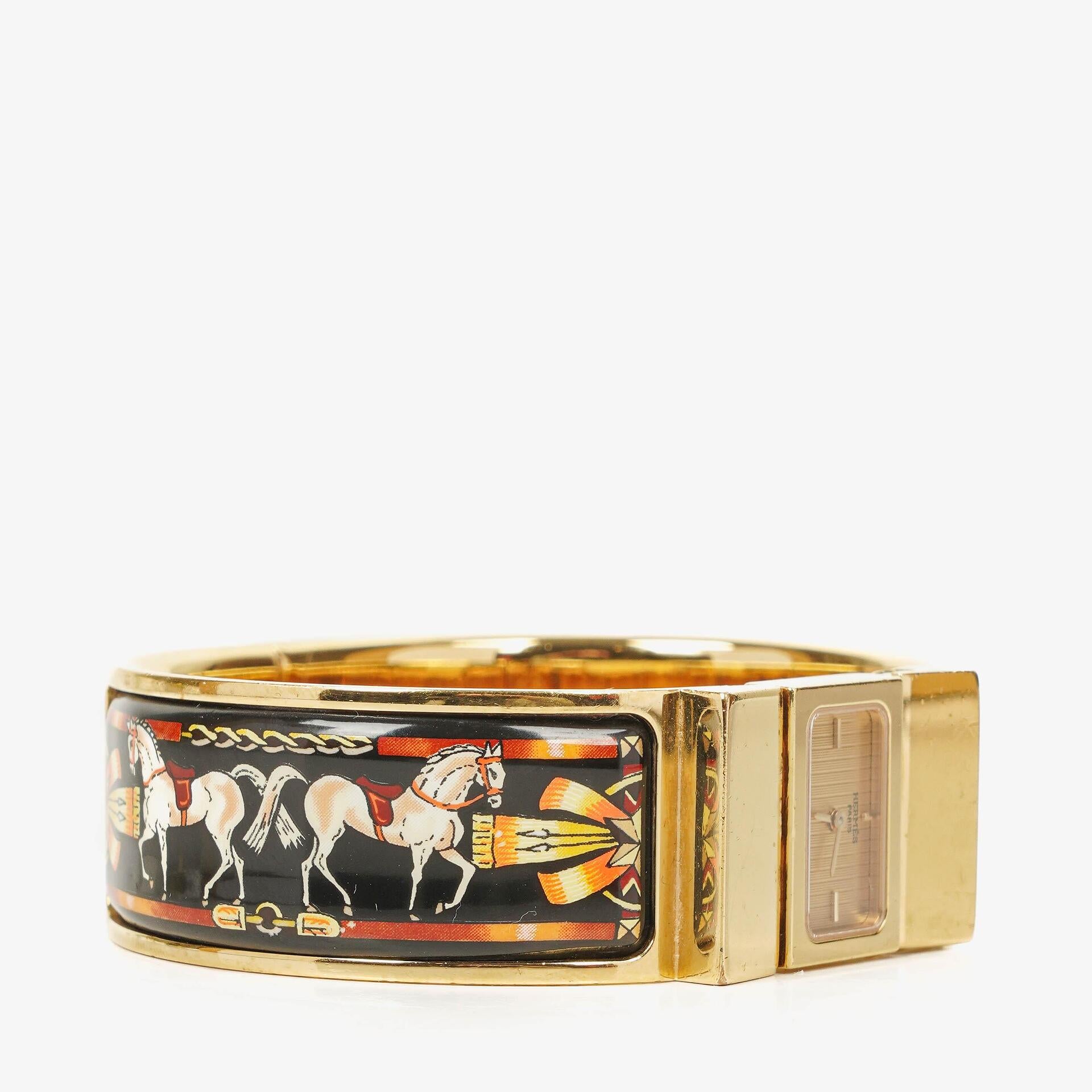 Hermes Black Equestrian Enamel and Gold Plated Loquet Bangle Quartz Watch L01.201