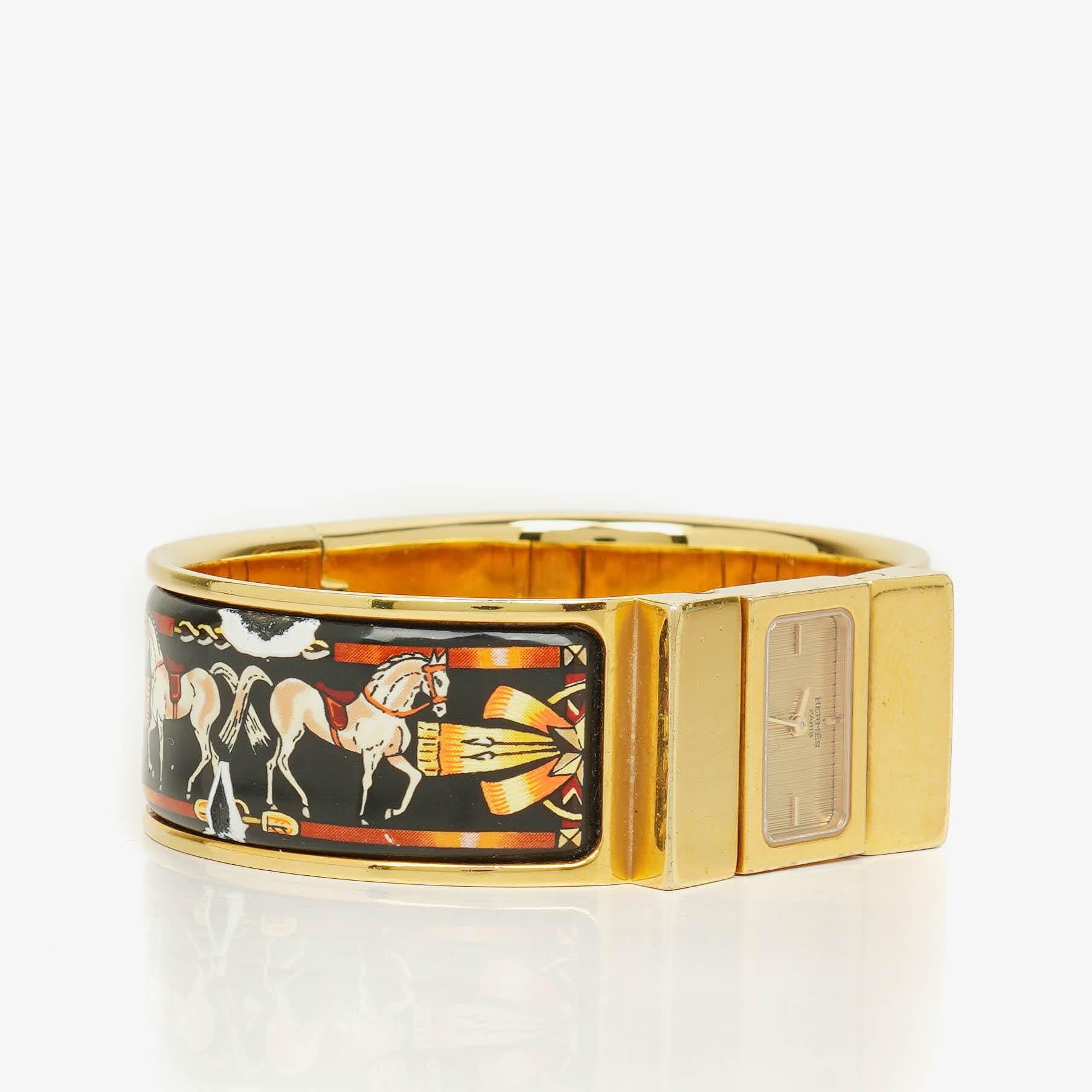 Hermes Black Equestrian Enamel and Gold Plated Loquet Bangle Quartz Watch L01.201
