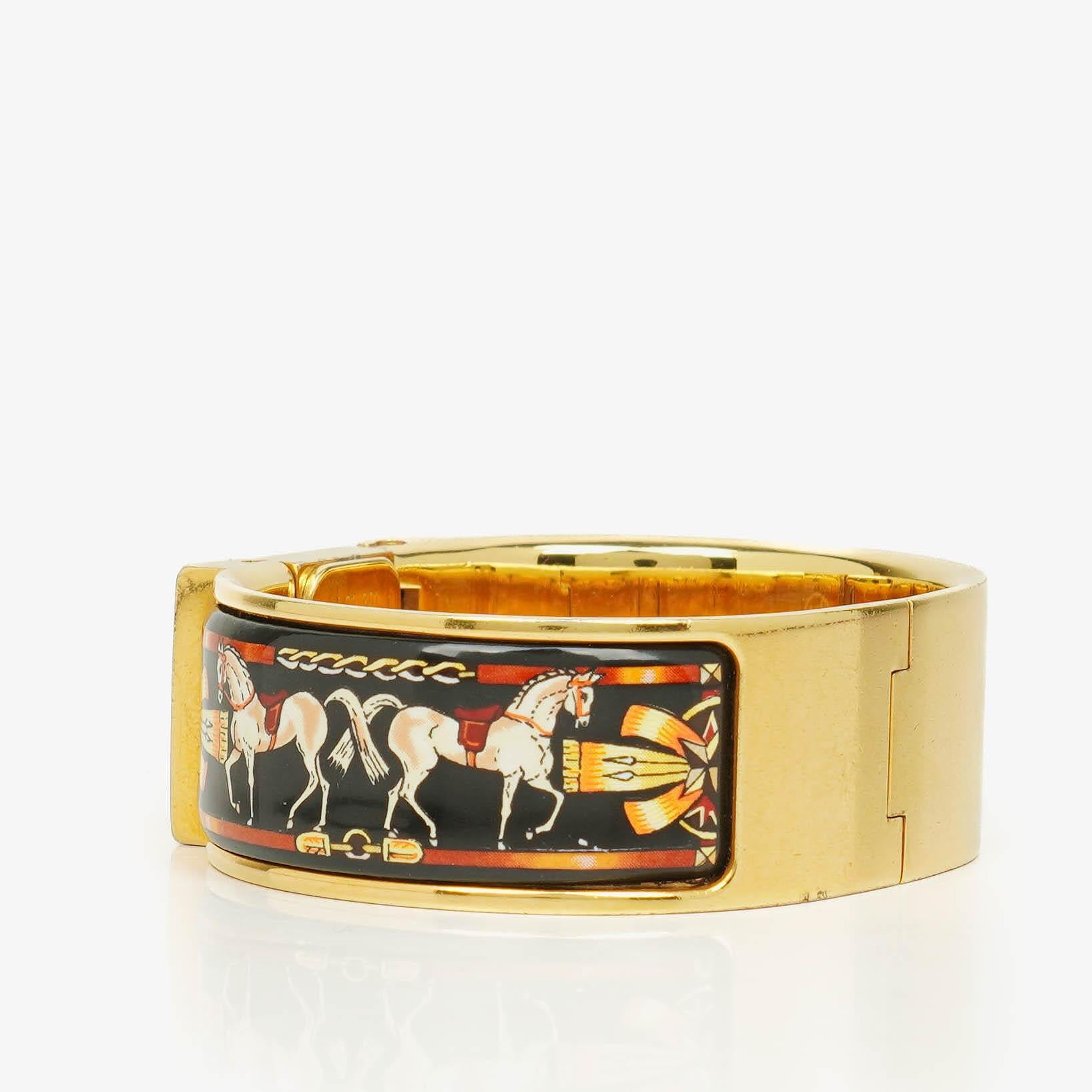 Hermes Black Equestrian Enamel and Gold Plated Loquet Bangle Quartz Watch L01.201