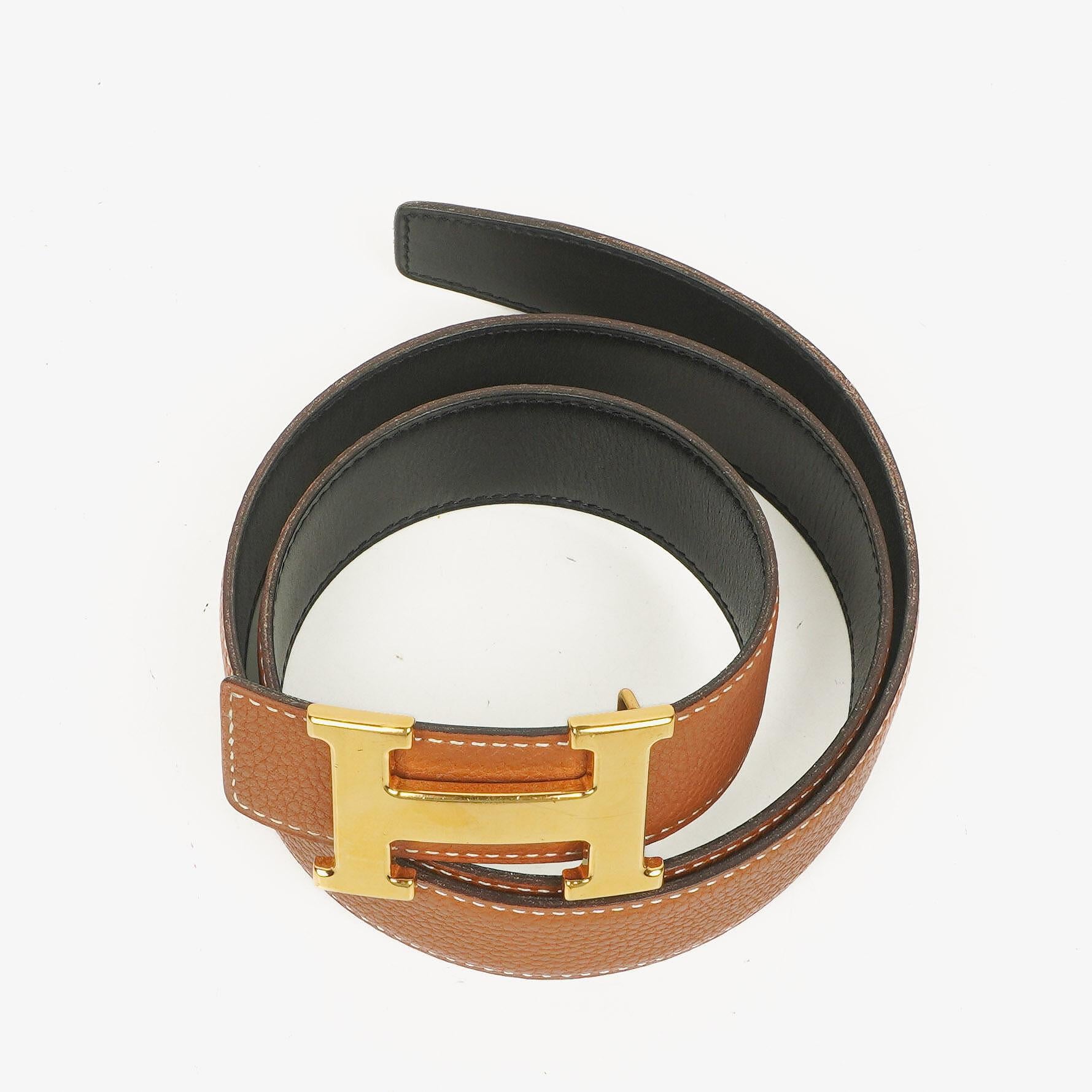 Hermes Black Gold Box Togo 30mm Reversible H Belt 85