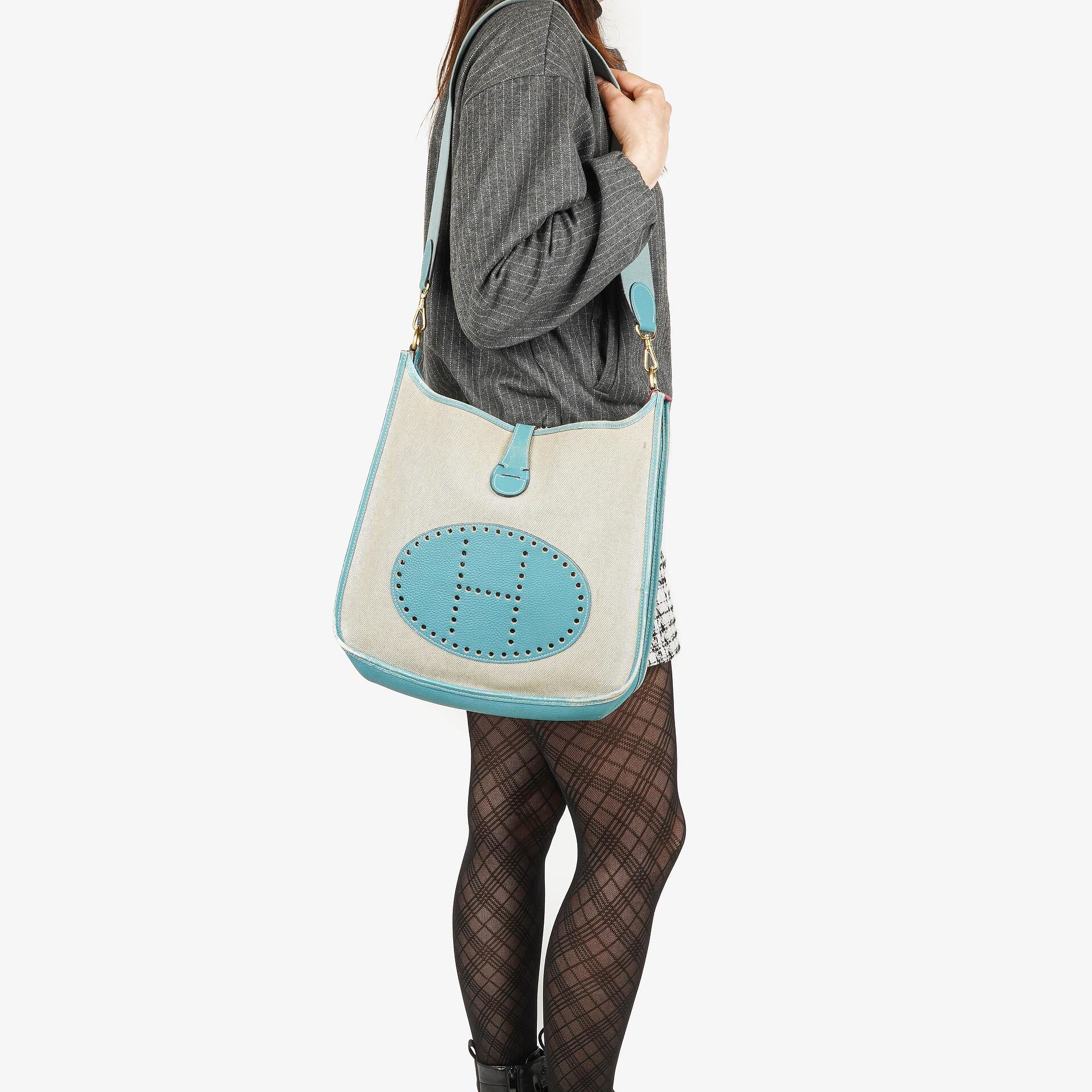 Hermes Evelyne I 32 Clemence Bleu Jean Toile and Leather Bag
