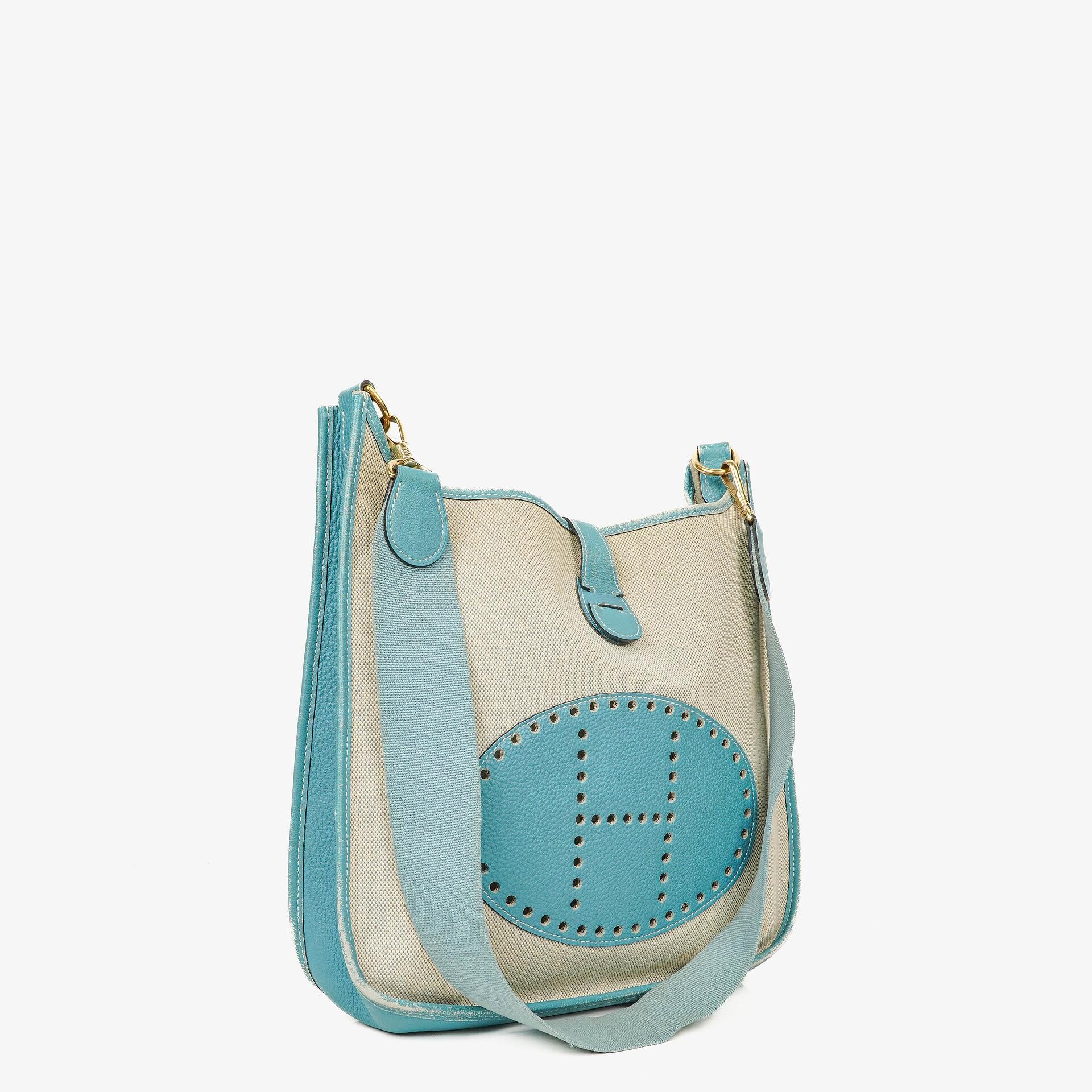 Hermes Evelyne I 32 Clemence Bleu Jean Toile and Leather Bag