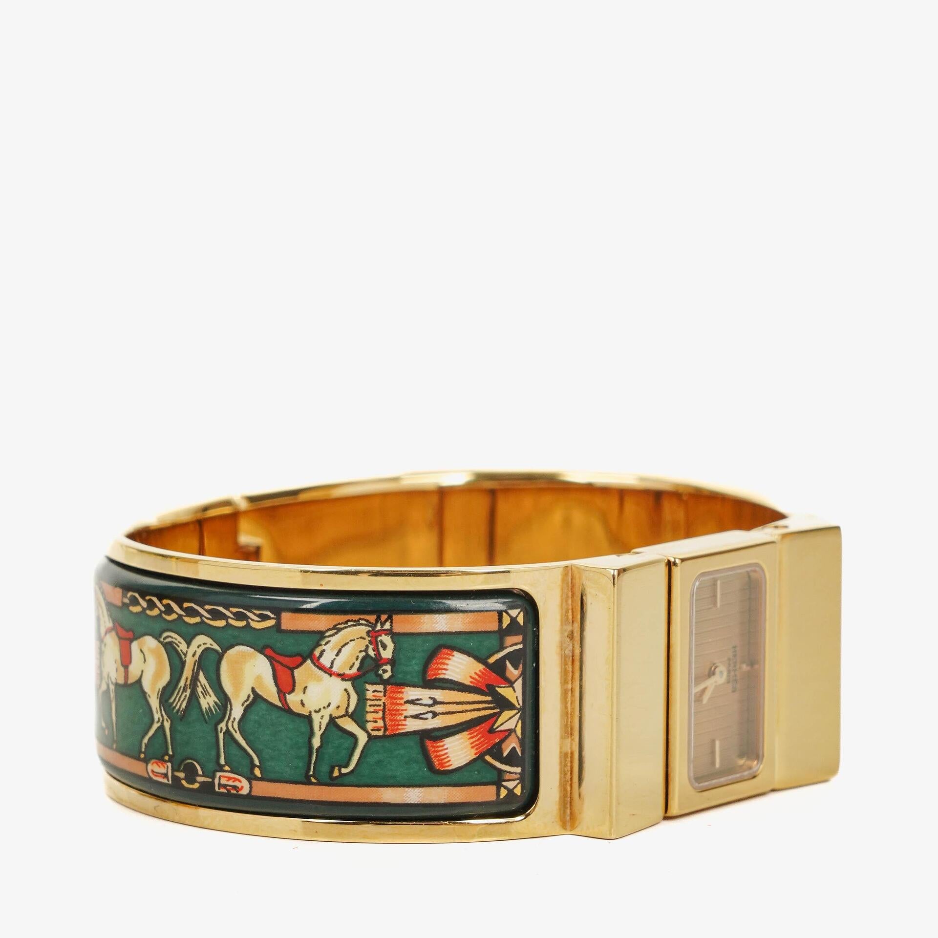 Hermes Green Equestrian Enamel and Gold Plated Loquet Bangle Quartz Watch L01.100