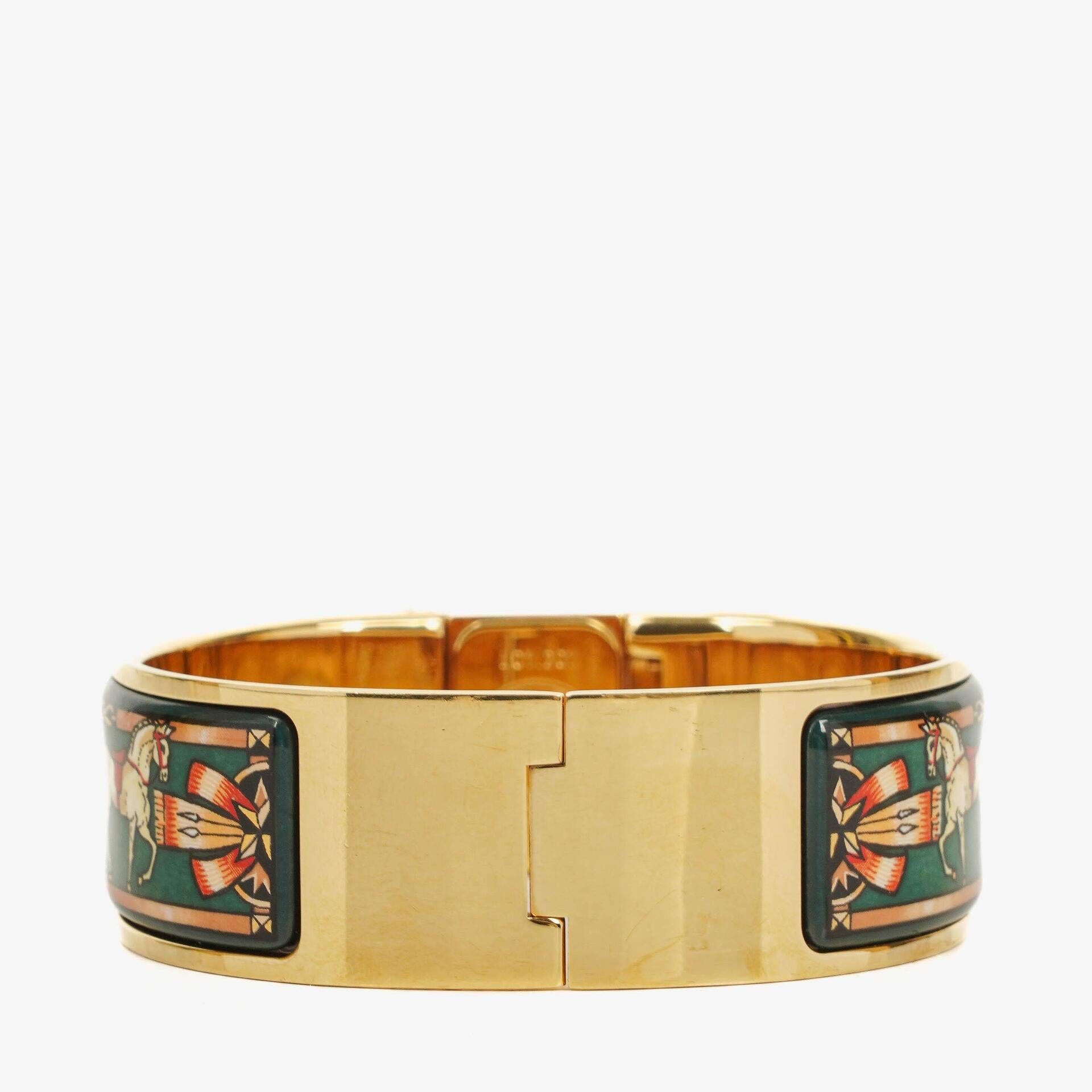Hermes Green Equestrian Enamel and Gold Plated Loquet Bangle Quartz Watch L01.100
