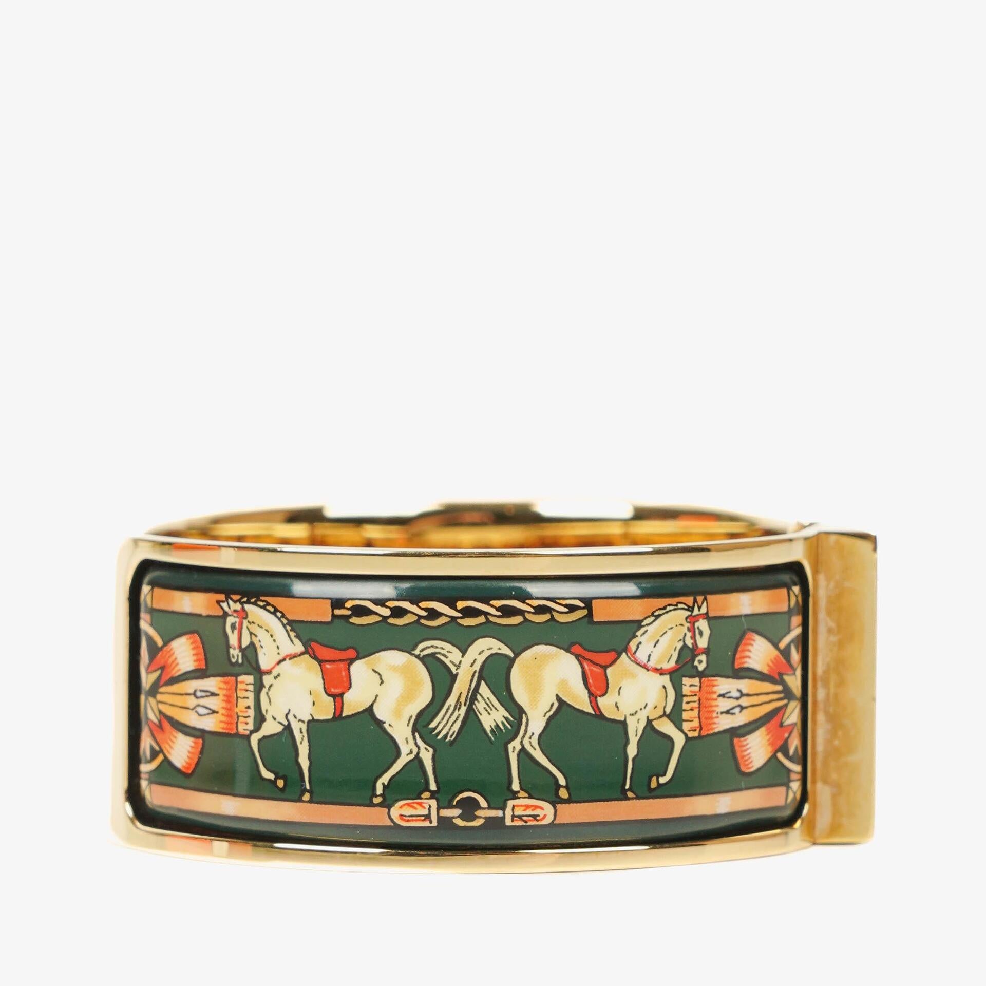 Hermes Green Equestrian Enamel and Gold Plated Loquet Bangle Quartz Watch L01.201