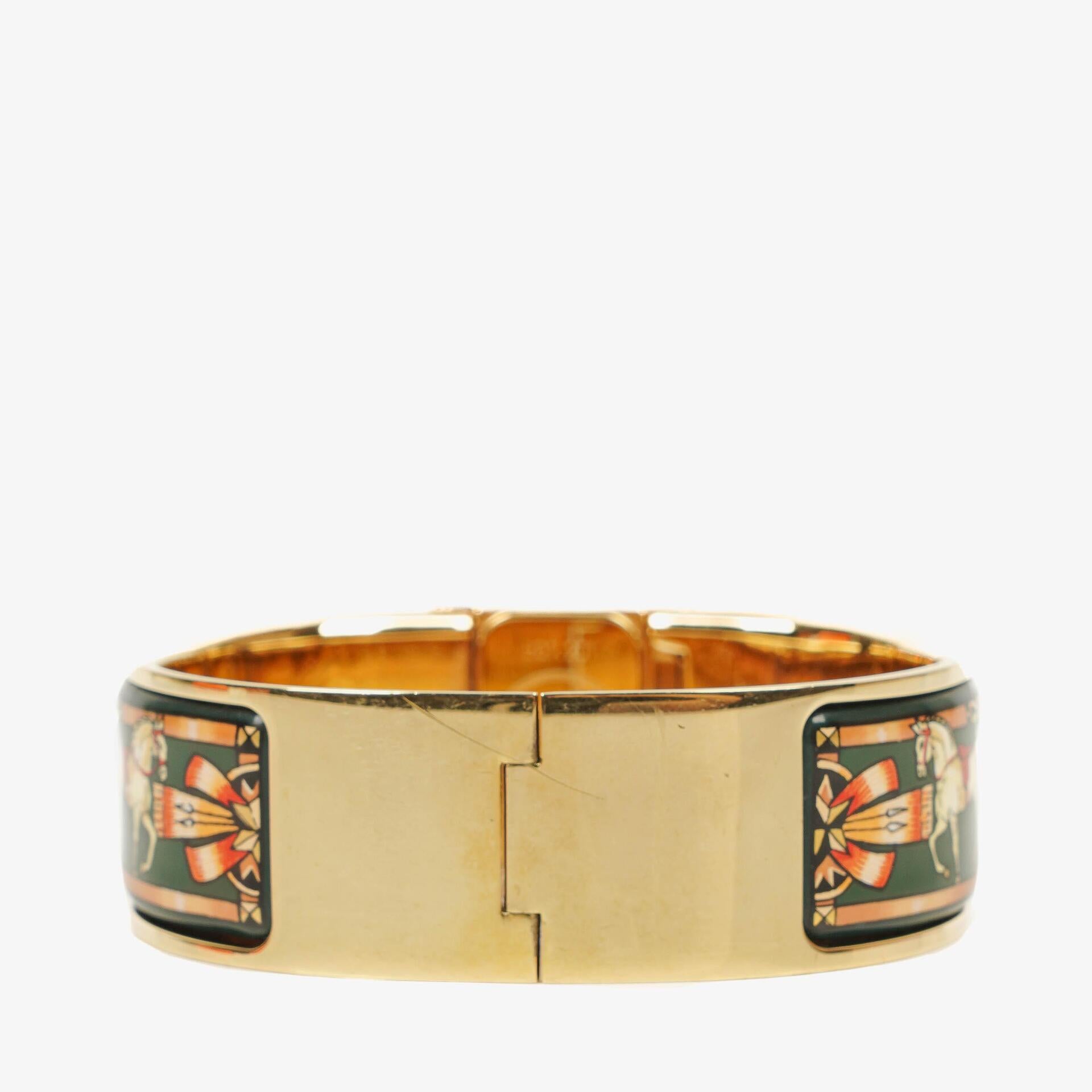Hermes Green Equestrian Enamel and Gold Plated Loquet Bangle Quartz Watch L01.201