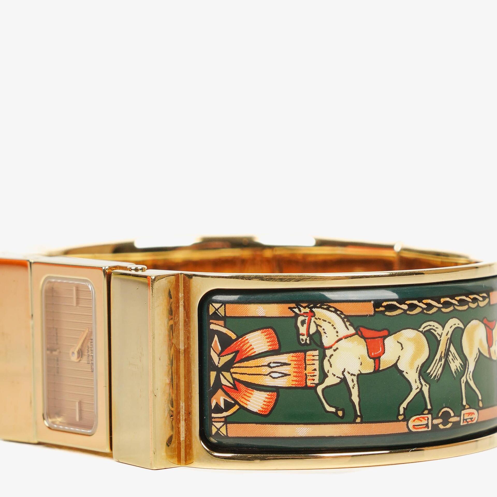 Hermes Green Equestrian Enamel and Gold Plated Loquet Bangle Quartz Watch L01.201