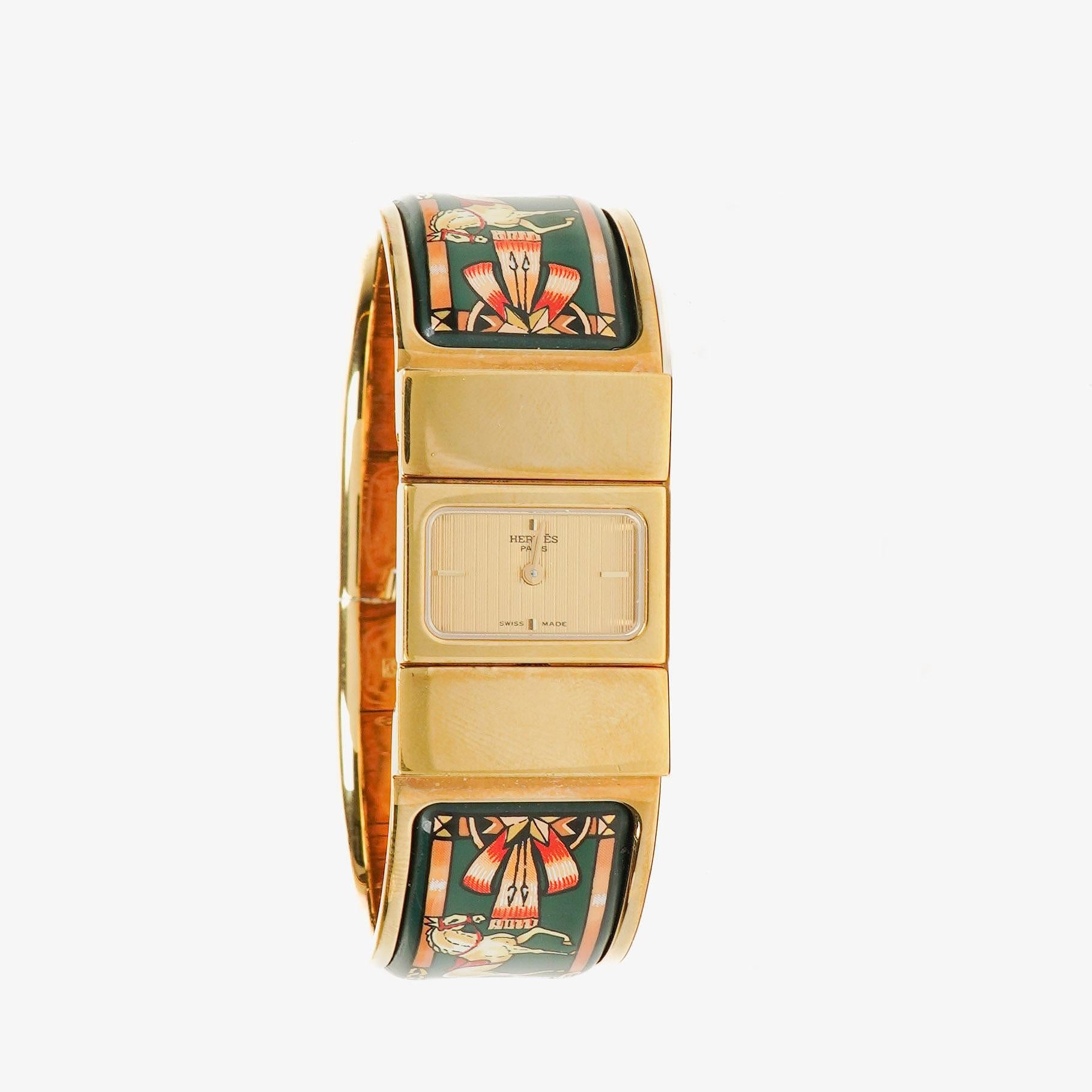 Hermes Green Equestrian Enamel and Gold Plated Loquet Bangle Quartz Watch L01.201