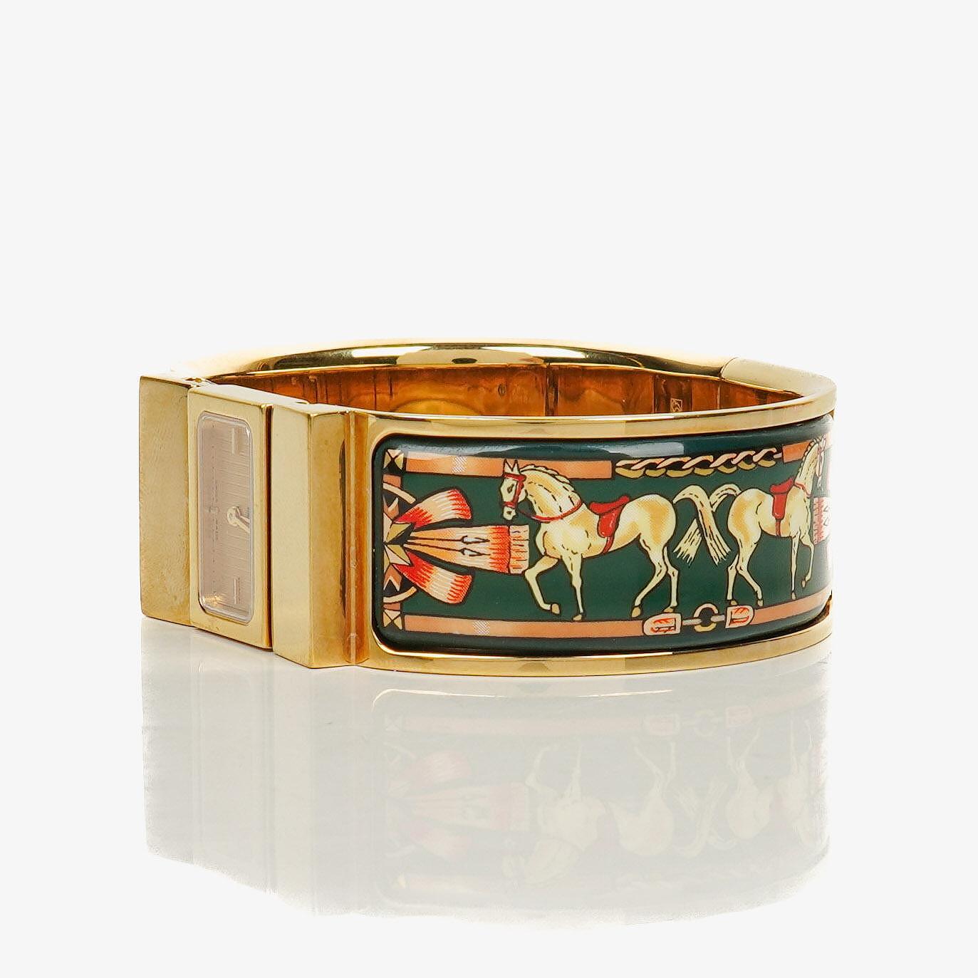 Hermes Green Equestrian Enamel and Gold Plated Loquet Bangle Quartz Watch L01.201