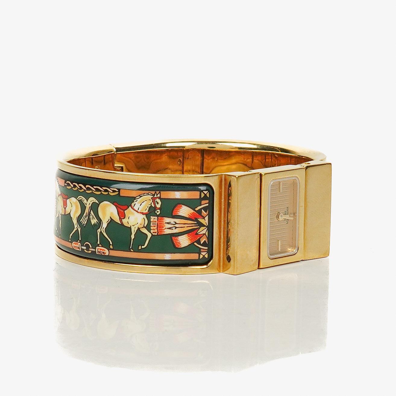 Hermes Green Equestrian Enamel and Gold Plated Loquet Bangle Quartz Watch L01.201