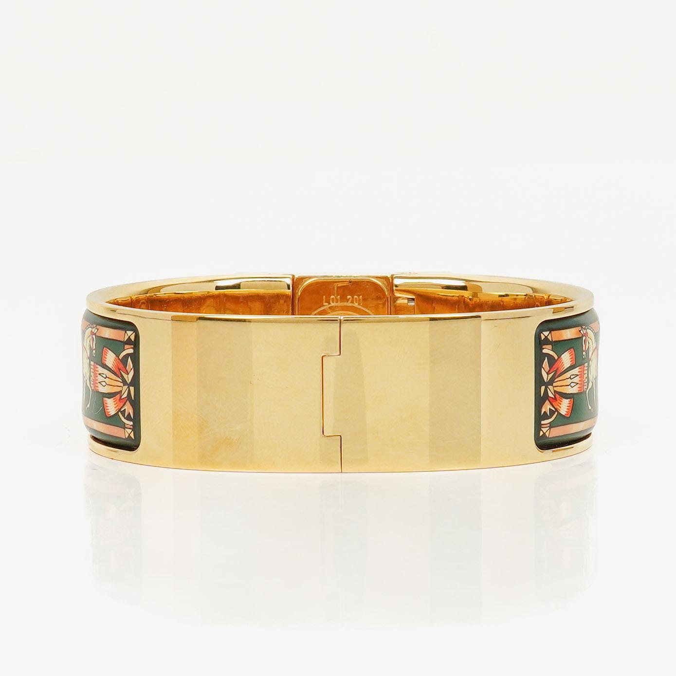 Hermes Green Equestrian Enamel and Gold Plated Loquet Bangle Quartz Watch L01.201