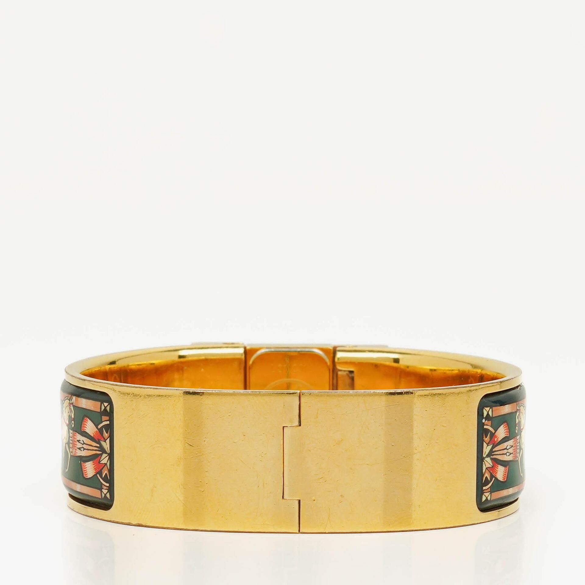 Hermes Green Equestrian Enamel and Gold Plated Loquet Bangle Quartz Watch L01.201