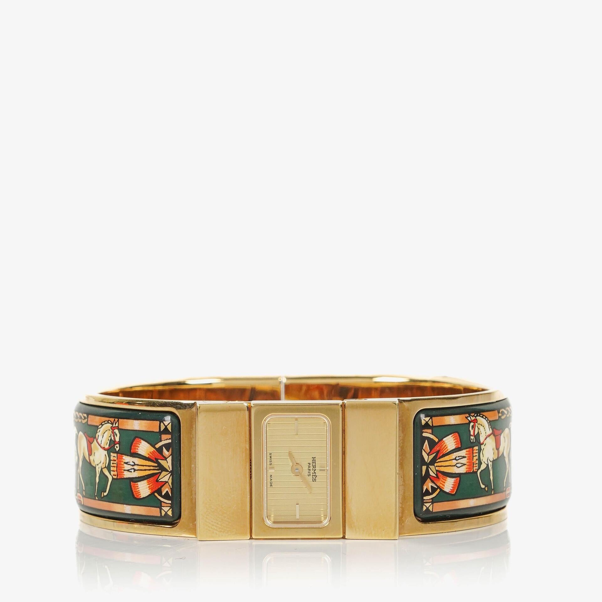 Hermes Green Equestrian Enamel and Gold Plated Loquet Bangle Quartz Watch L01.201