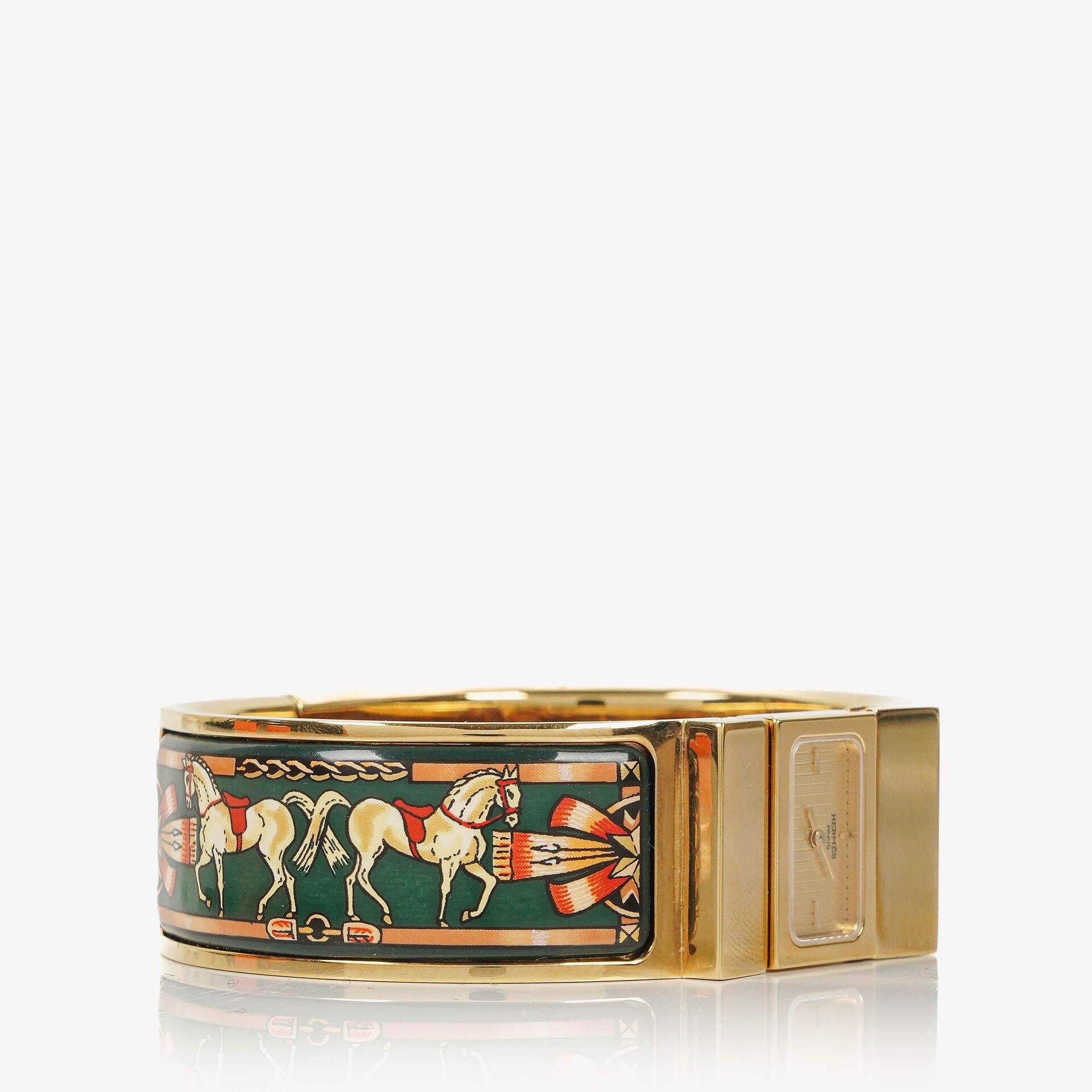 Hermes Green Equestrian Enamel and Gold Plated Loquet Bangle Quartz Watch L01.201