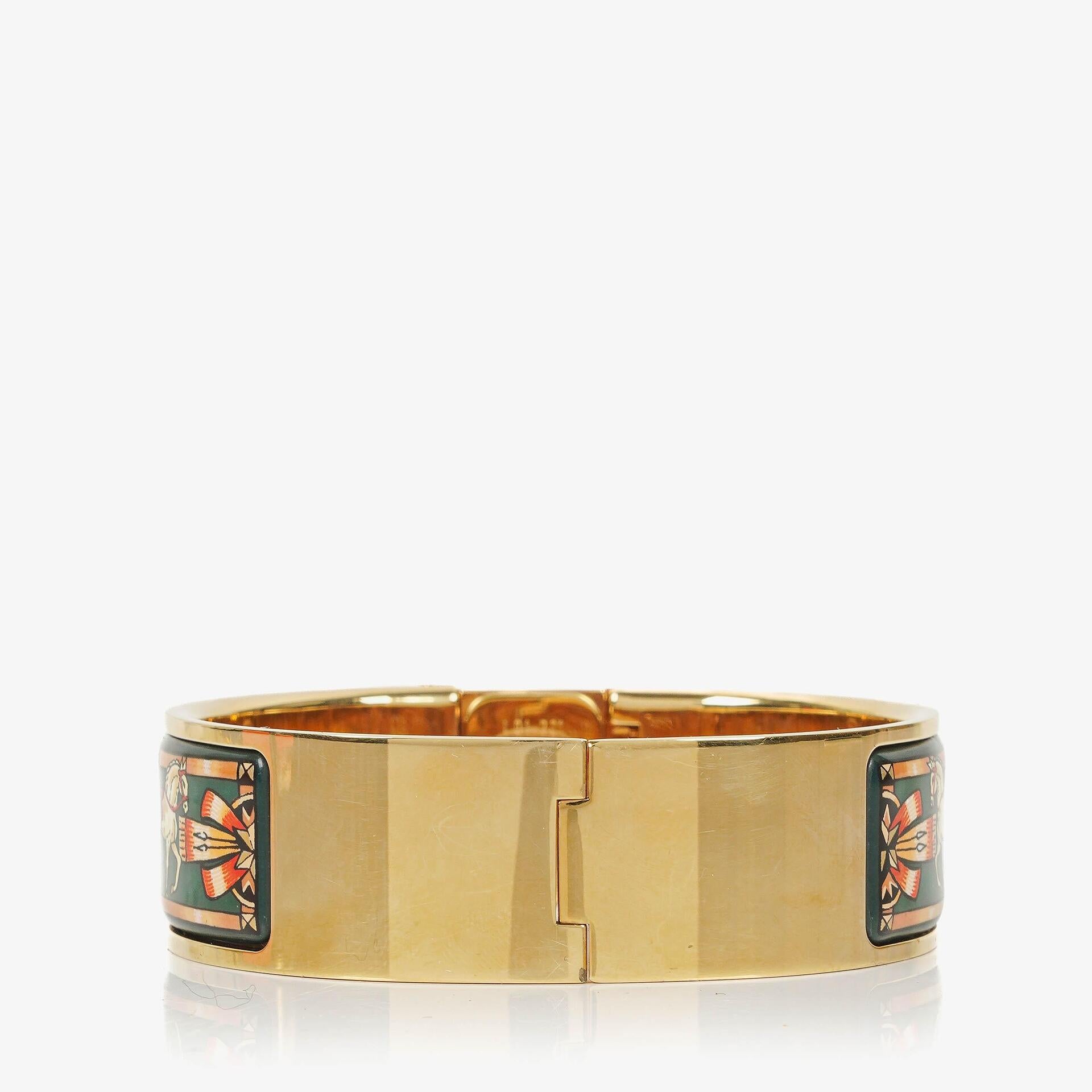Hermes Green Equestrian Enamel and Gold Plated Loquet Bangle Quartz Watch L01.201