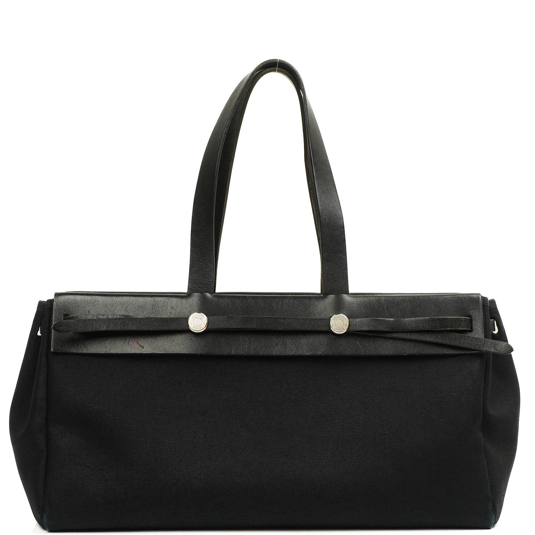 Hermes Herbag Cabas Black Toile Vache Hunter MM 2 In 1 Bag
