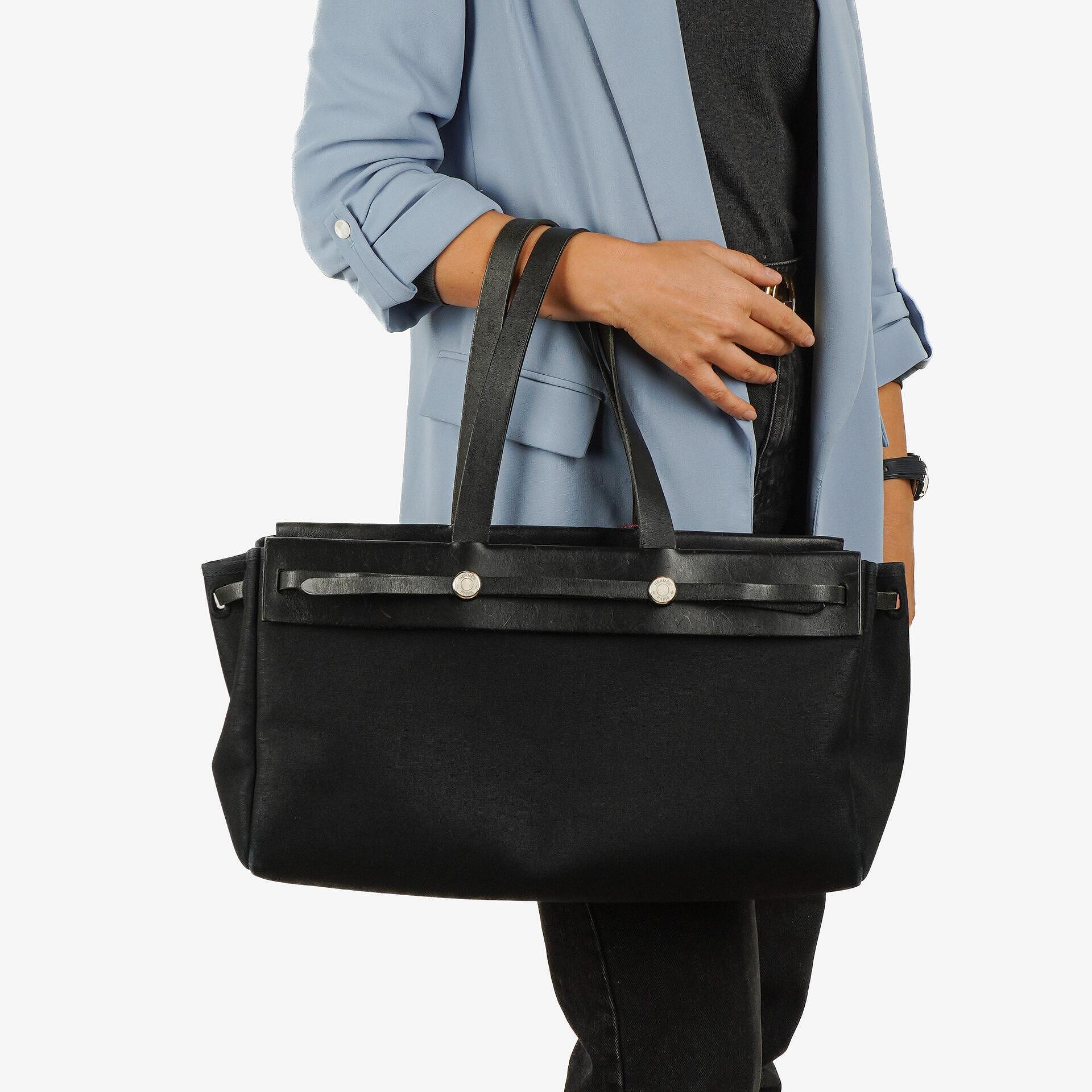 Hermes Herbag Cabas Black Toile Vache Hunter MM 2 In 1 Bag