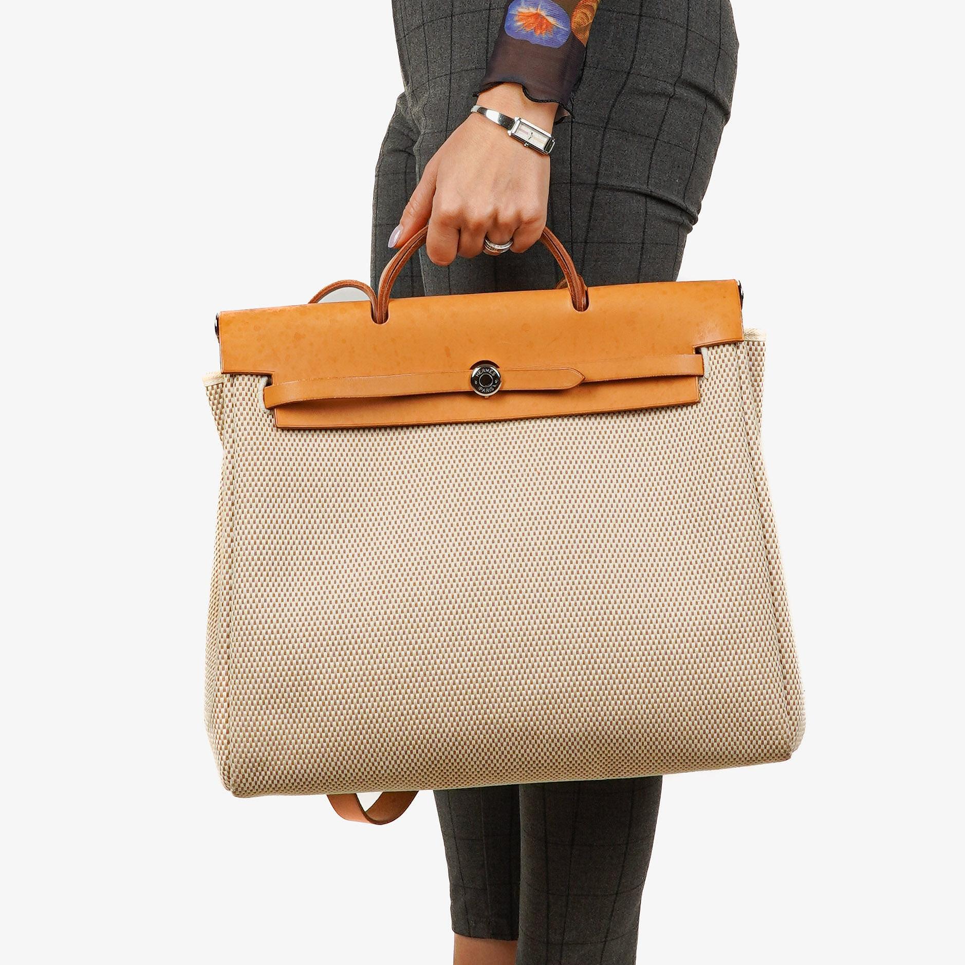 Hermes Herbag Natural Toile Vache Hunter MM 2 In 1 Bag