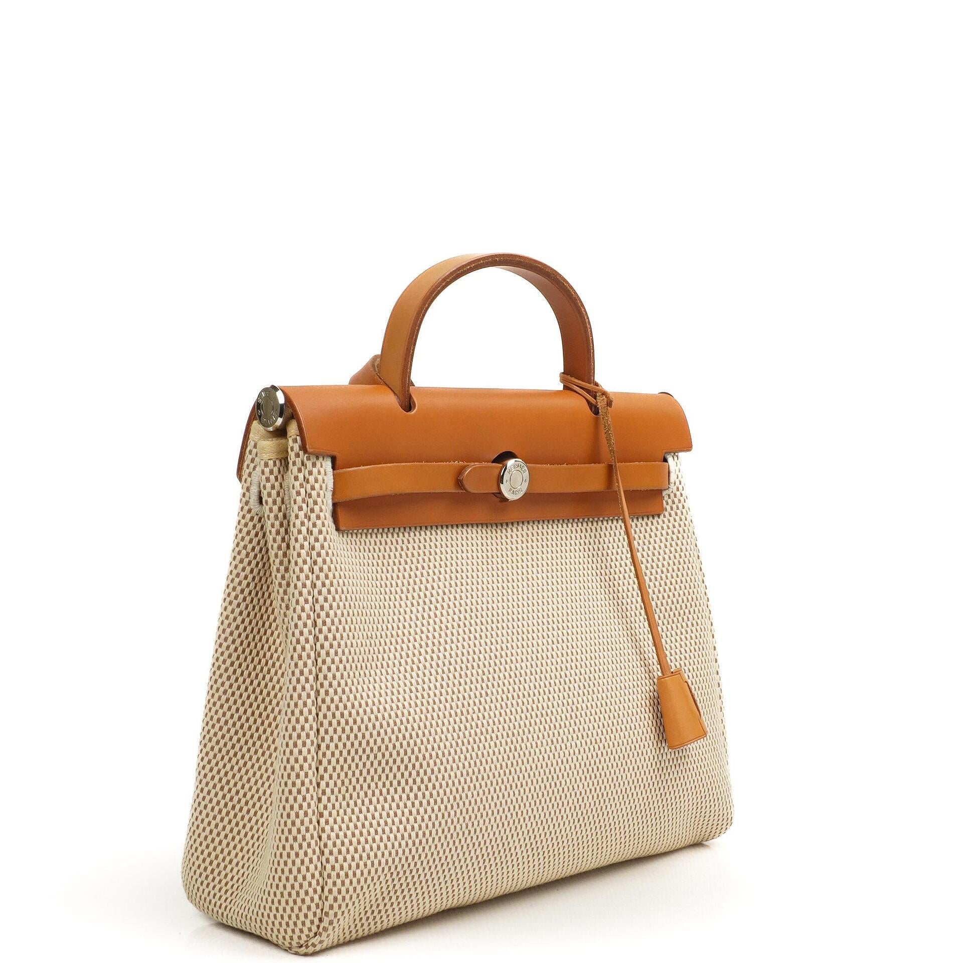 Hermes Herbag PM Vache Hunter Criss Viking 30 Ecru Beige Naturel 2 Way Bag Palladium Hardware