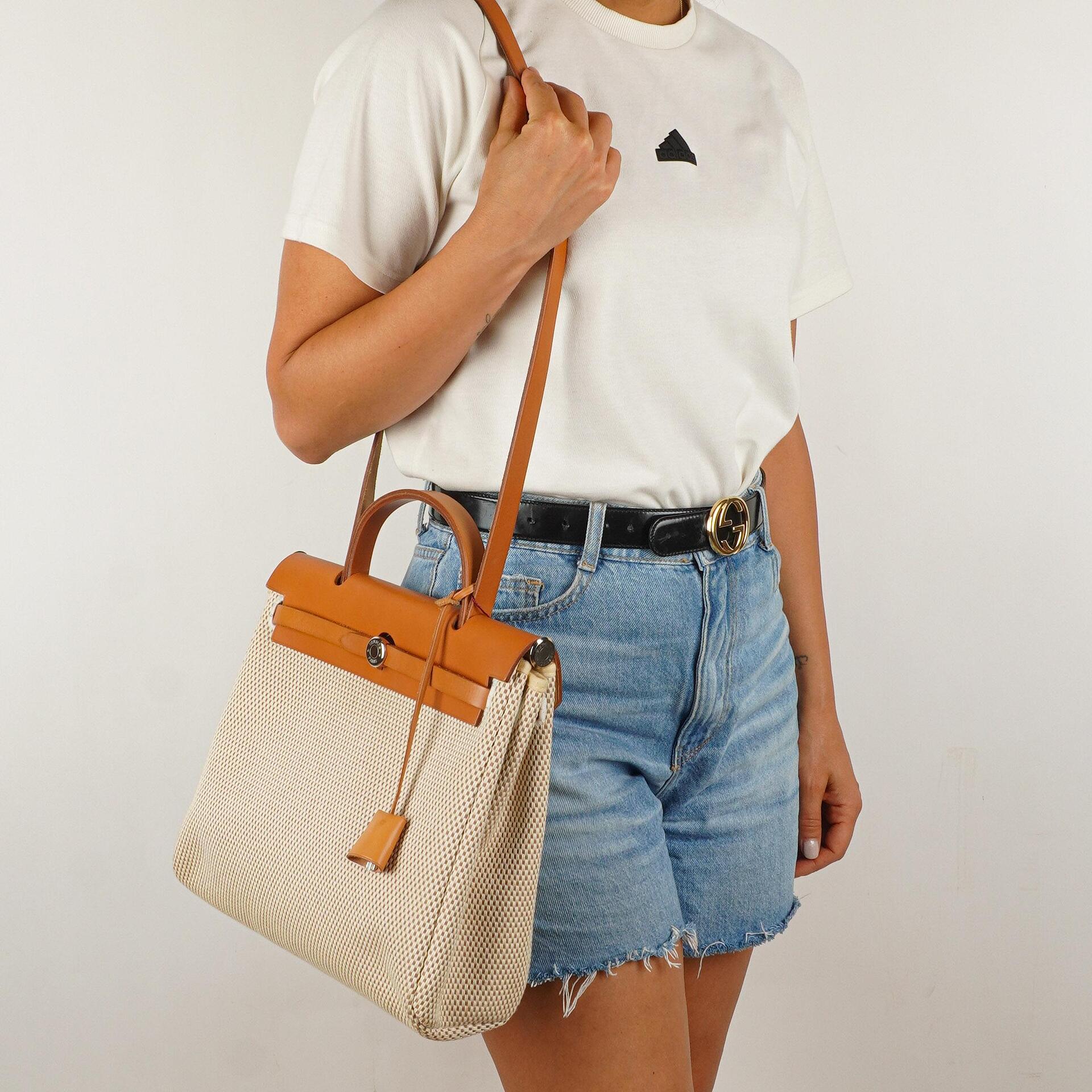 Hermes Herbag PM Vache Hunter Criss Viking 30 Ecru Beige Naturel 2 Way Bag Palladium Hardware