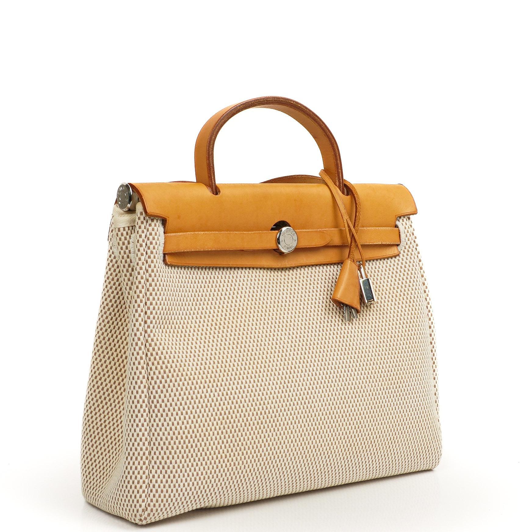 Hermes Herbag PM Vache Hunter Criss Viking 30 Ecru Beige Naturel With Palladium Hardware