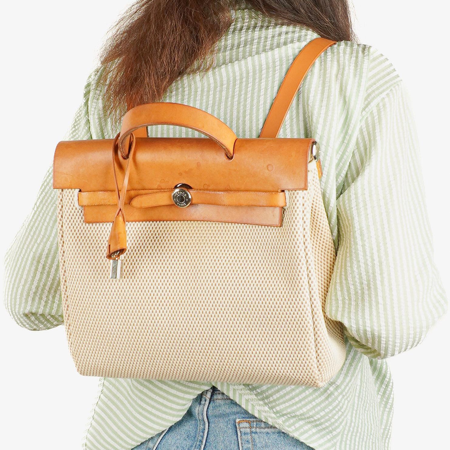 Hermes Herbag PM Vache Hunter Criss Viking Ecru Beige Naturel 2 Way Backpack With Palladium Hardware