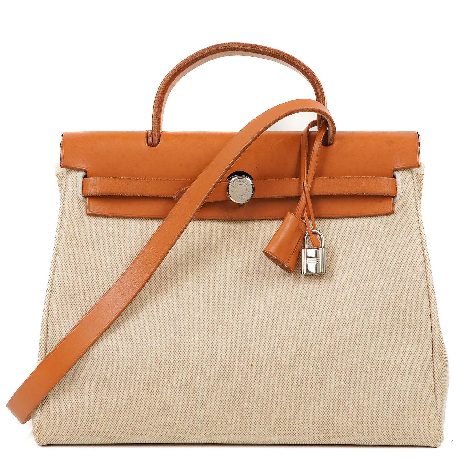 Hermes Herbag PM Vache Hunter Toile Canvas 30 Ecru Beige Naturel 2 Way Bag Palladium Hardware, 2000