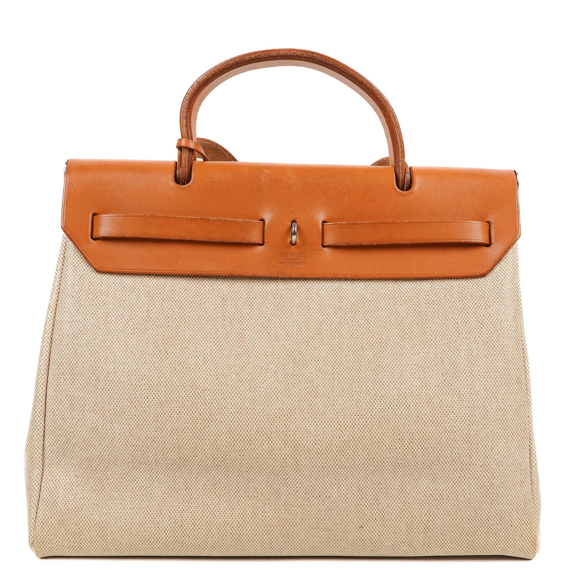 Hermes Herbag PM Vache Hunter Toile Canvas 30 Ecru Beige Naturel 2 Way Bag Palladium Hardware, 2000