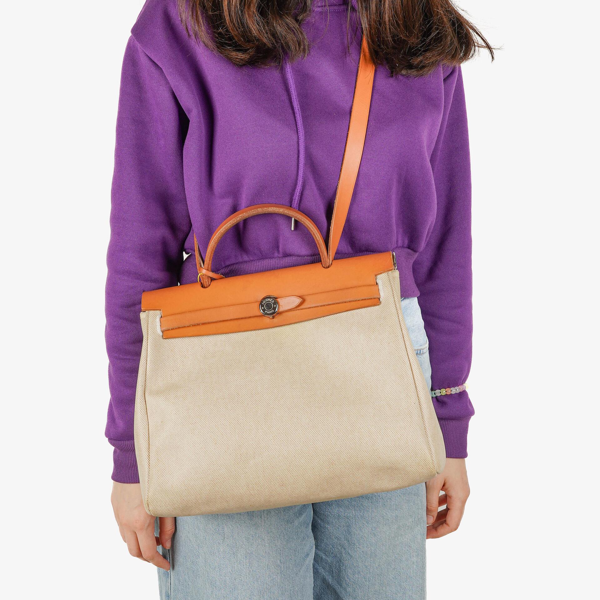 Hermes Herbag PM Vache Hunter Toile Canvas 30 Ecru Beige Naturel 2 Way Bag Palladium Hardware, 2000