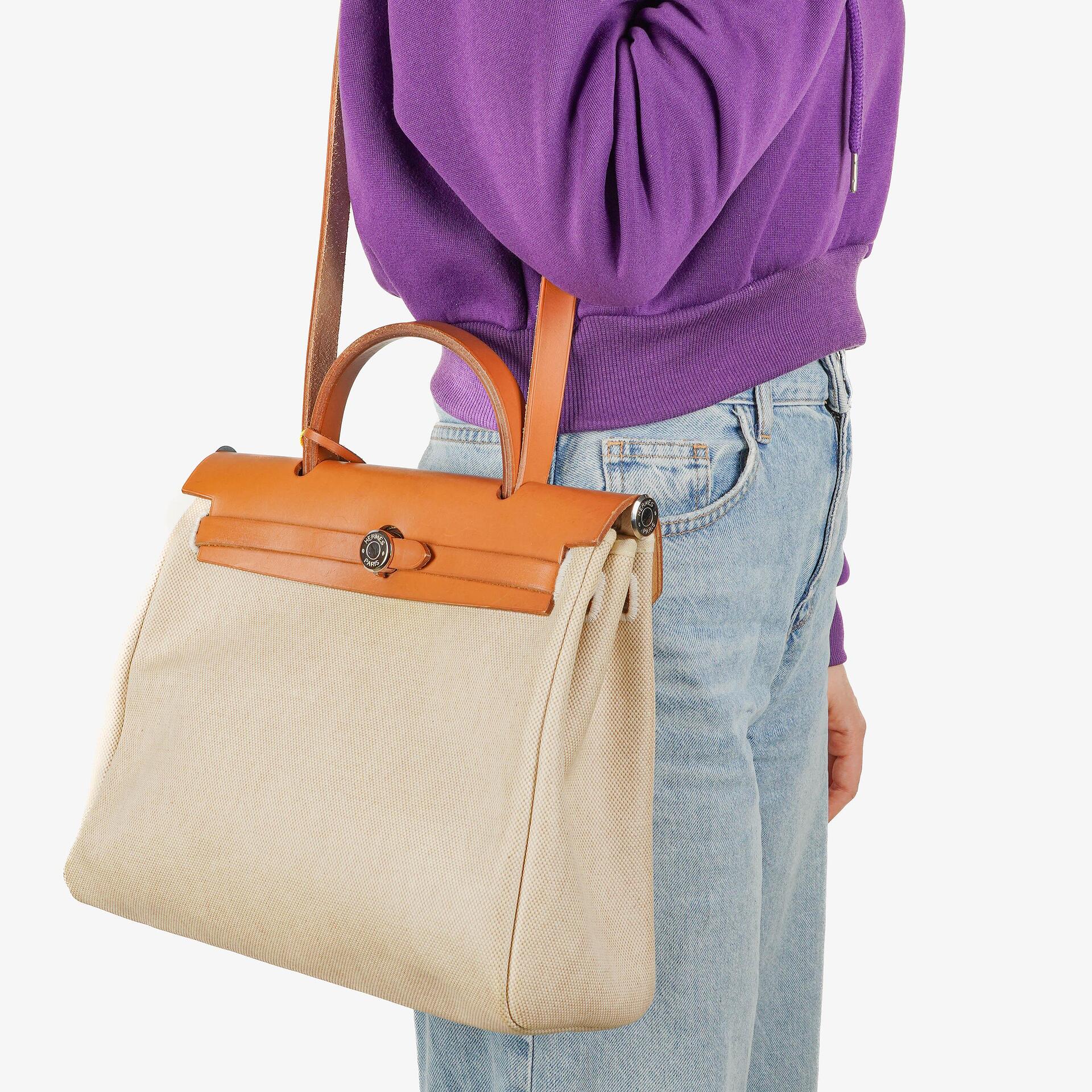 Hermes Herbag PM Vache Hunter Toile Canvas 30 Ecru Beige Naturel 2 Way Bag Palladium Hardware, 2000