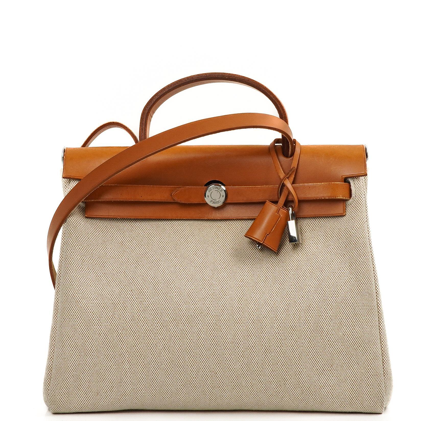 Hermes Herbag PM Vache Hunter Toile Canvas 30 Ecru Beige Naturel 2 Way Bag Palladium Hardware, 2002