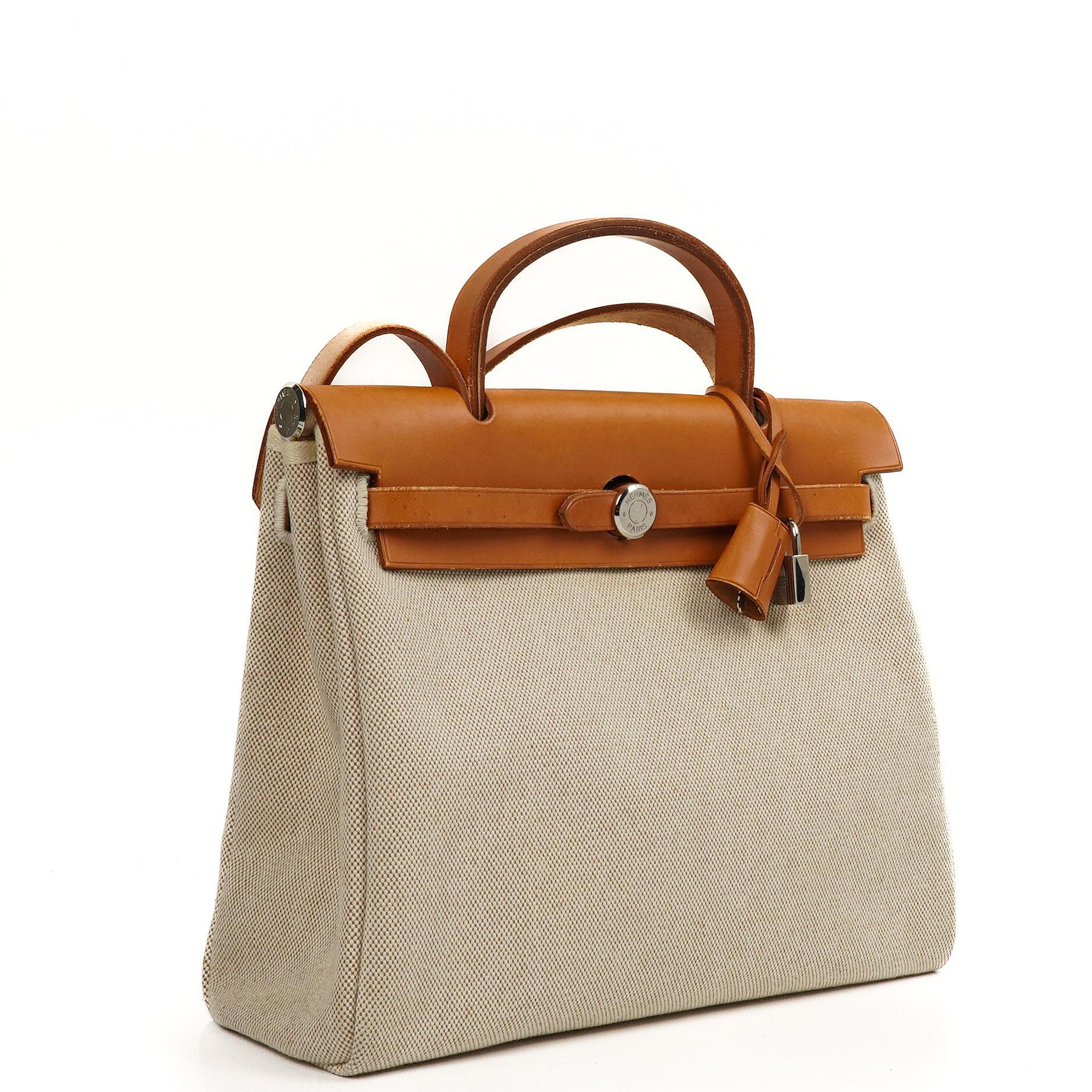 Hermes Herbag PM Vache Hunter Toile Canvas 30 Ecru Beige Naturel 2 Way Bag Palladium Hardware, 2002