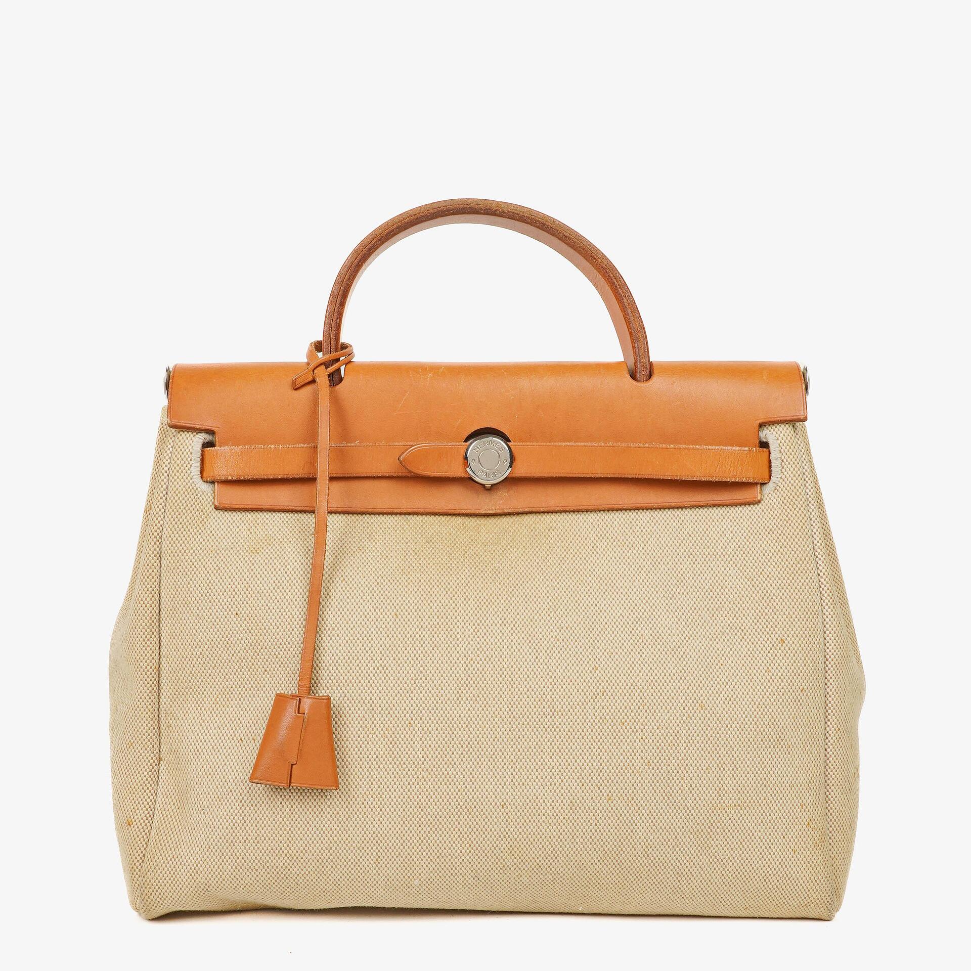 Hermes Herbag PM Vache Hunter Toile Canvas 30 Ecru Beige Naturel 2 Way Bag Palladium Hardware