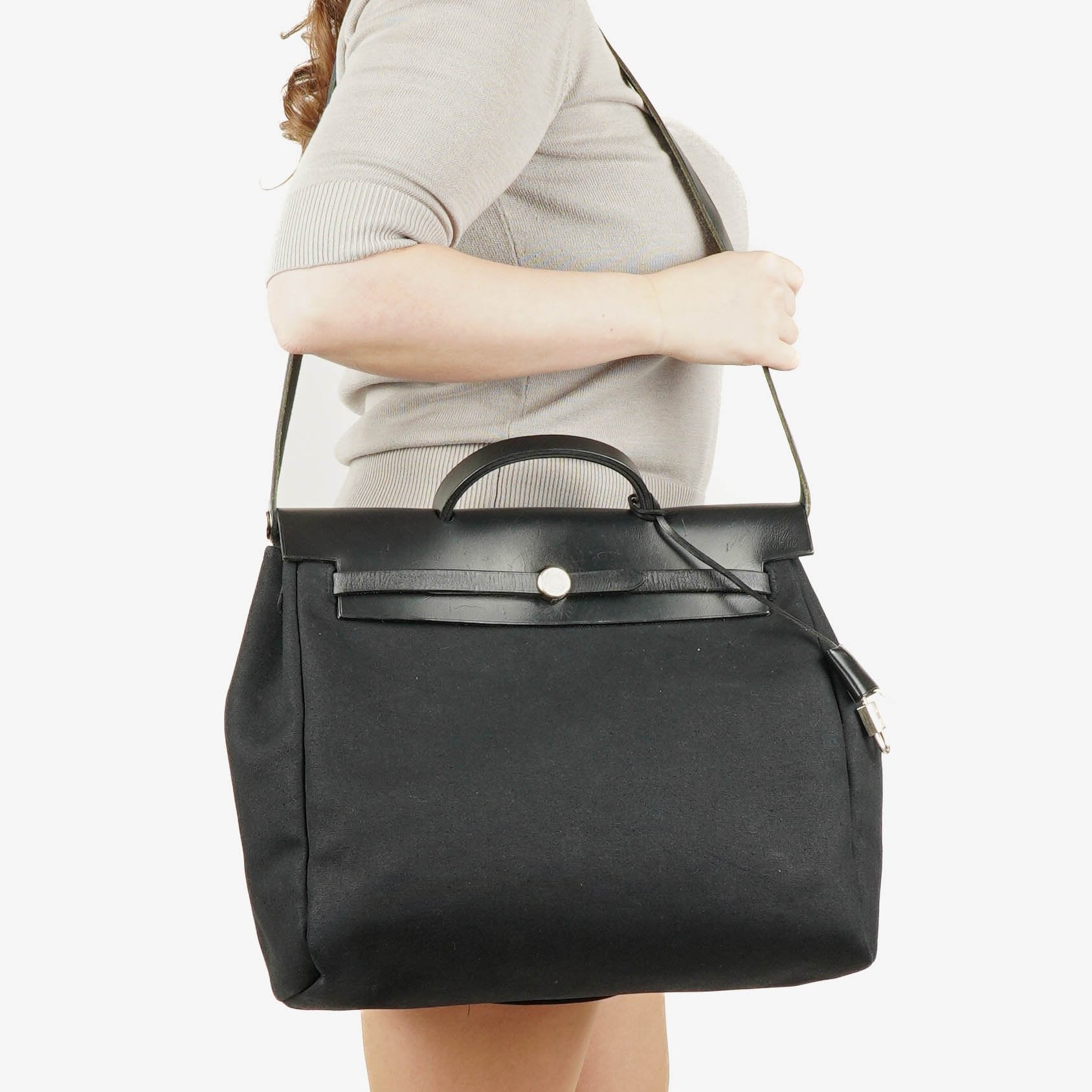 Hermes Herbag Toile Vache Hunter Black MM 2 In 1 Bag