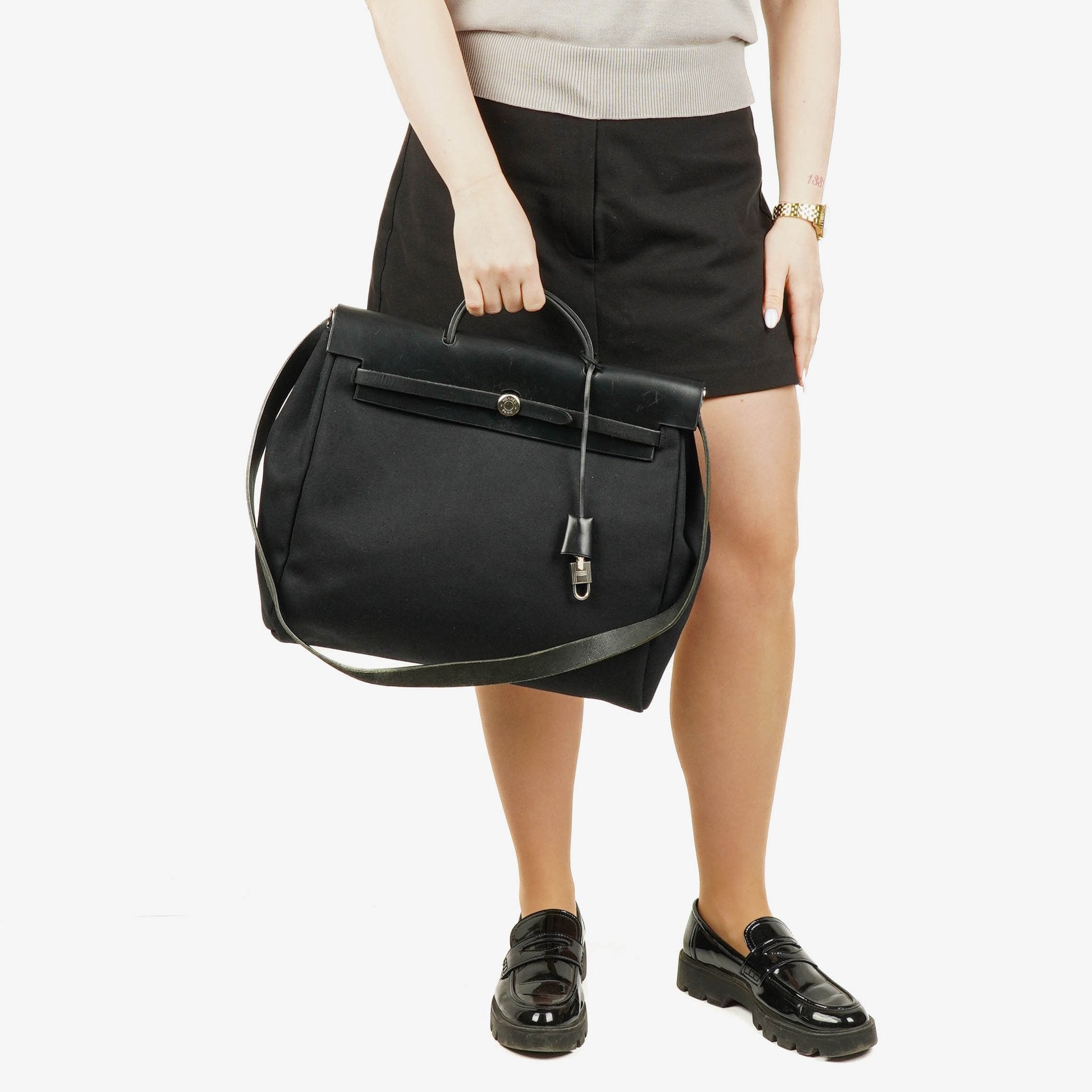 Hermes Herbag Toile Vache Hunter Black MM 2 In 1 Bag