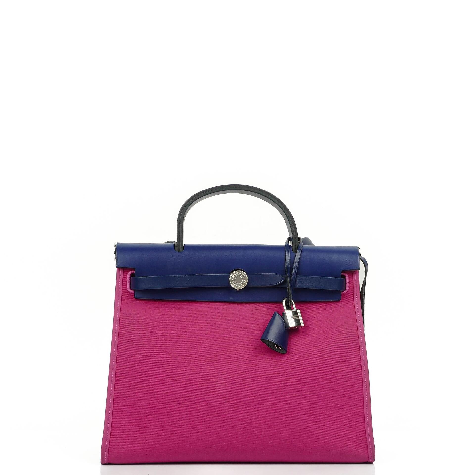 Hermes Herbag Zip 31 PM Bleu Saphir Vache Hunter Magnolia Toile With Palladium Hardware