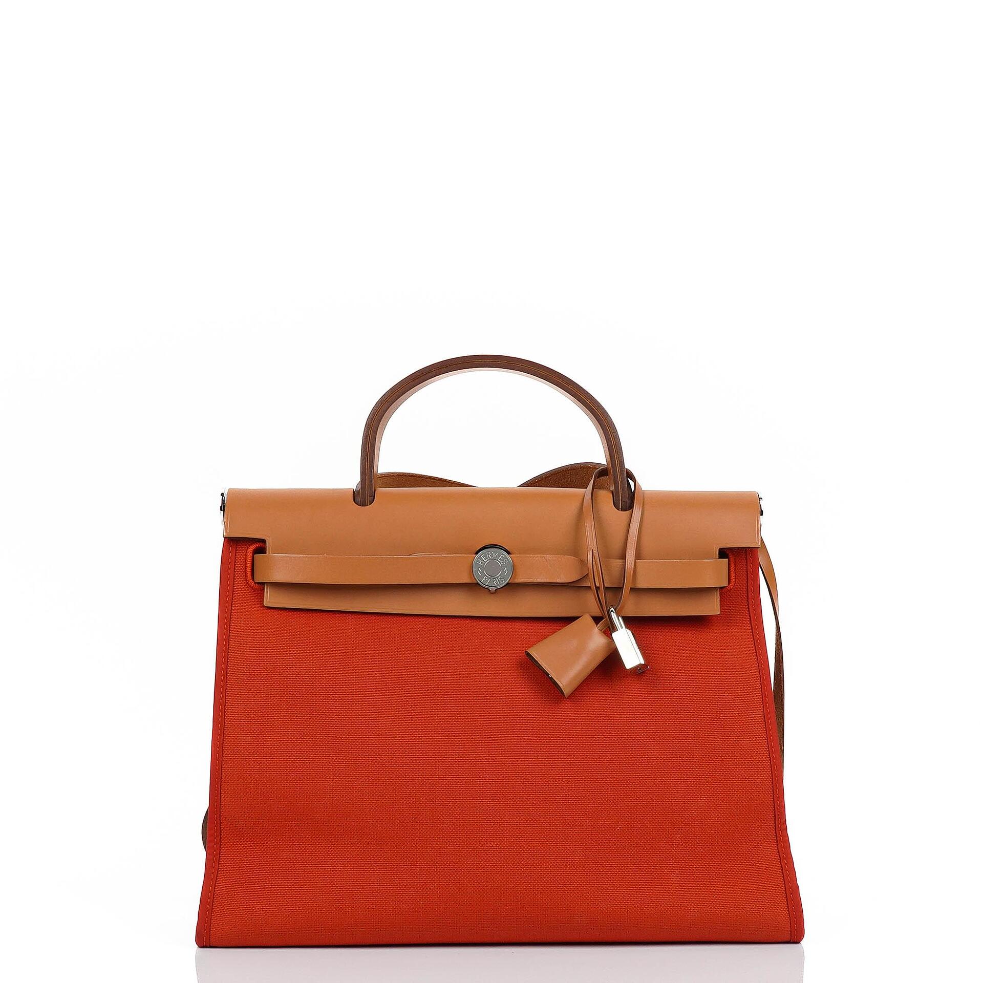 Hermes Herbag Zip 31 PM Fauve Vache Hunter Capucine Toile With Palladium Hardware