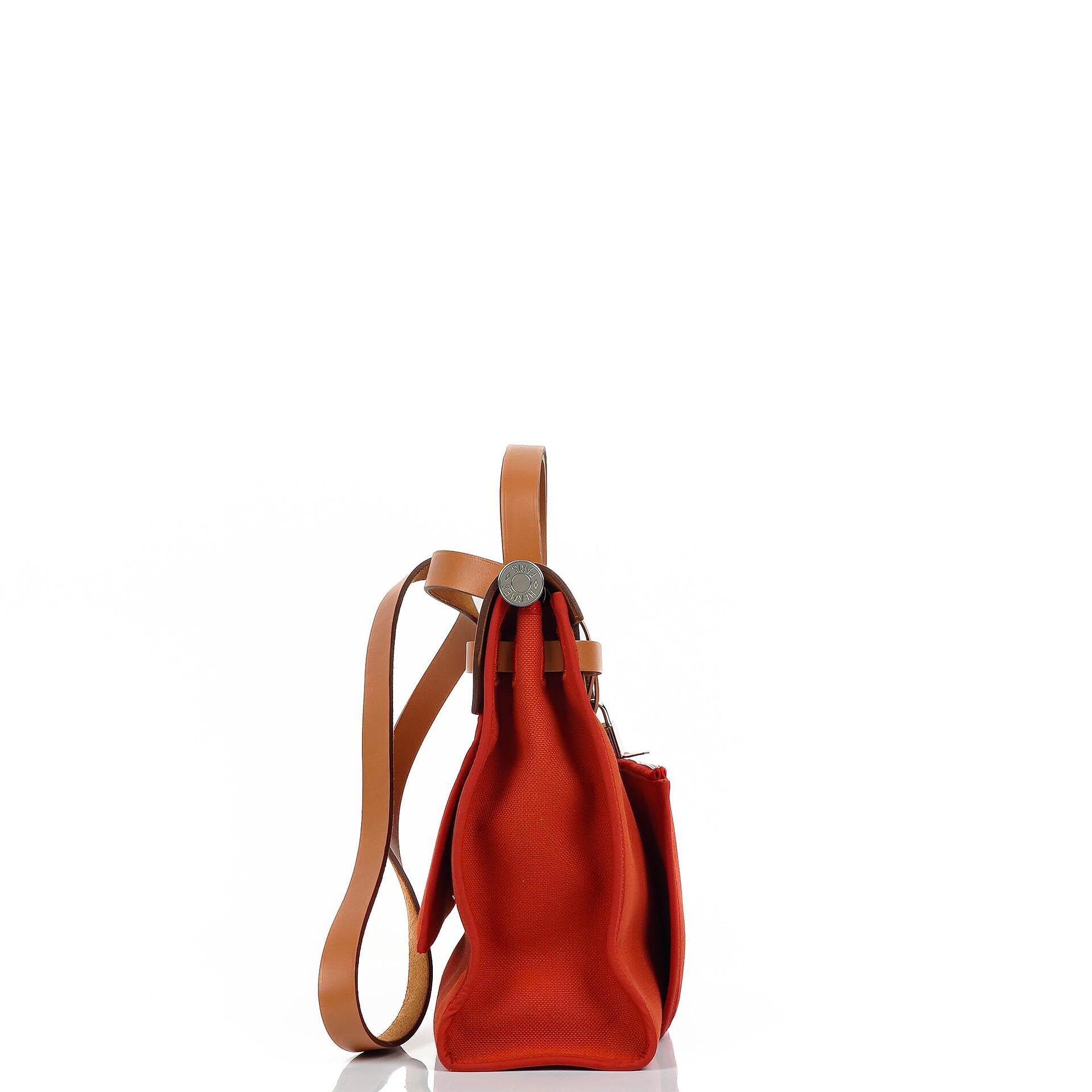 Hermes Herbag Zip 31 PM Fauve Vache Hunter Capucine Toile With Palladium Hardware