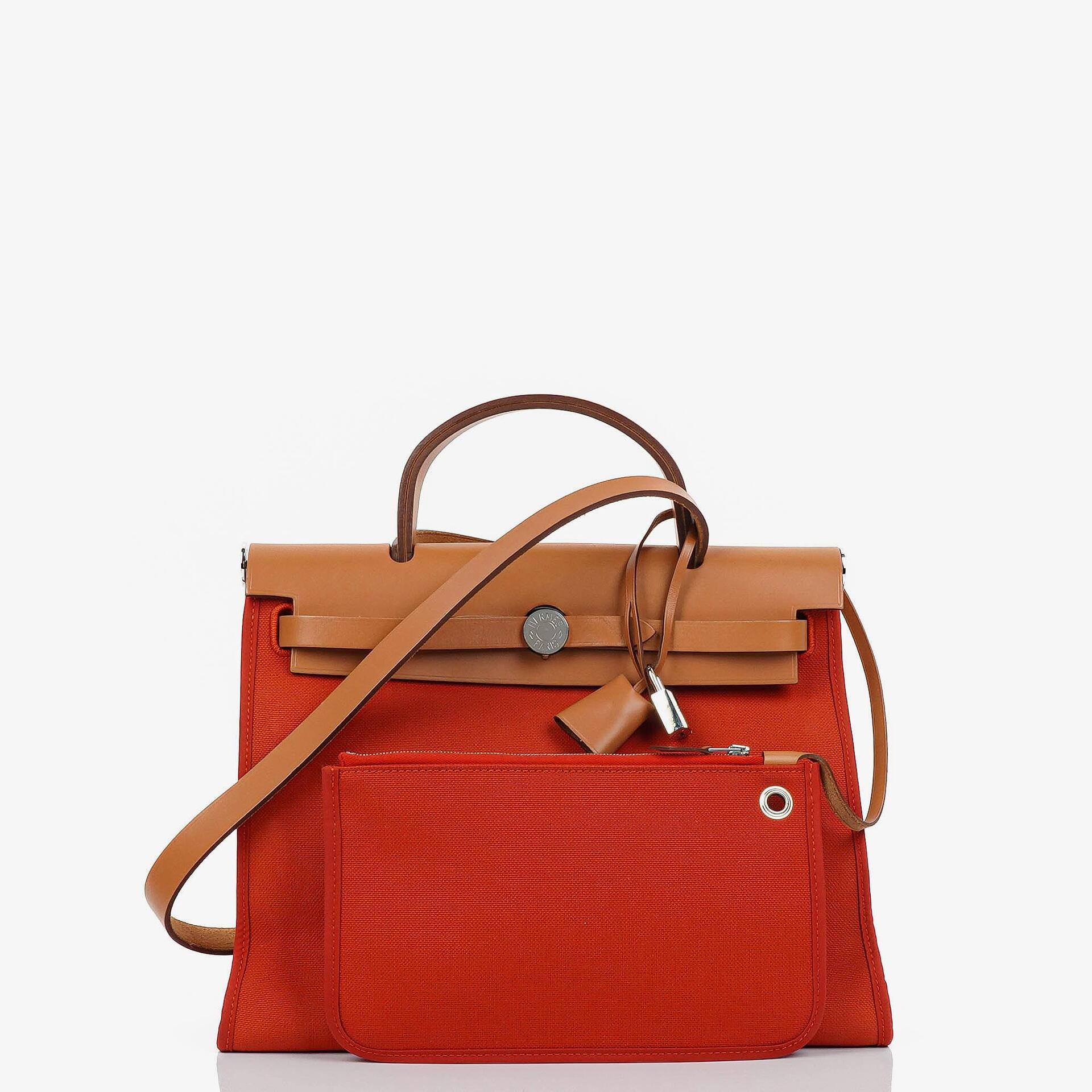 Hermes Herbag Zip 31 PM Fauve Vache Hunter Capucine Toile With Palladium Hardware